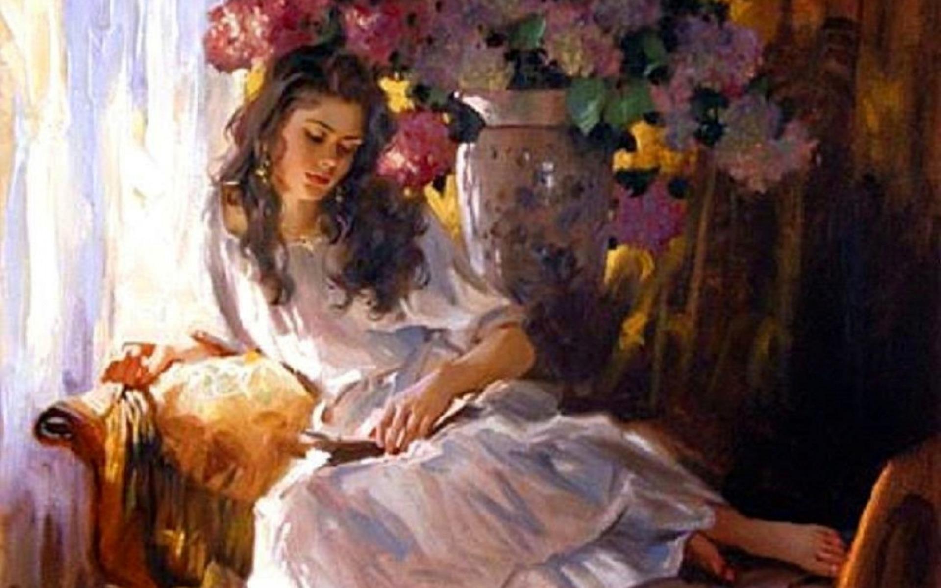 Woman Reading Book Couch desktop PC and Mac wallpaper