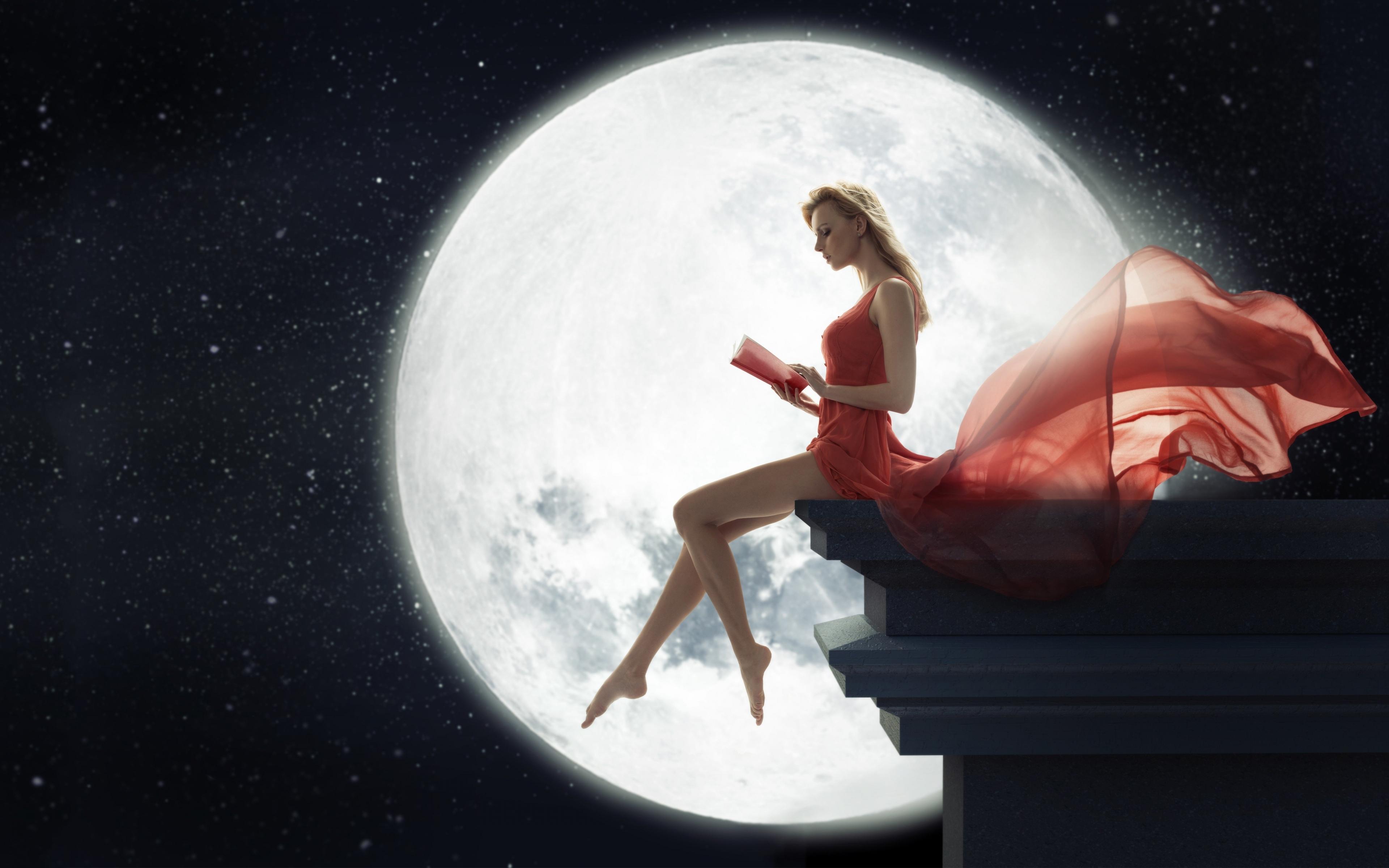 Download Fantasy Girl Reading Book with Moon in Background 4K