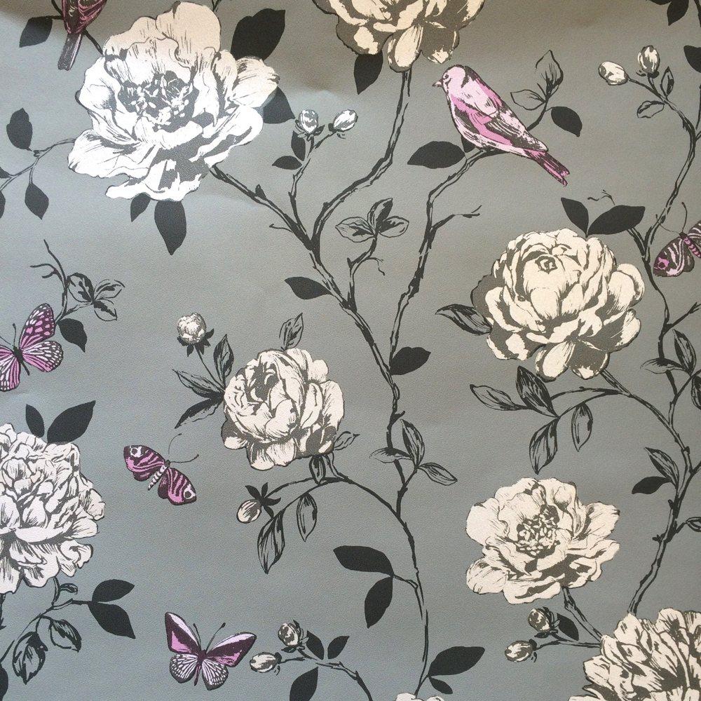 Download Rasch Amour Bird and Butterflies Wallpaper Grey Pink