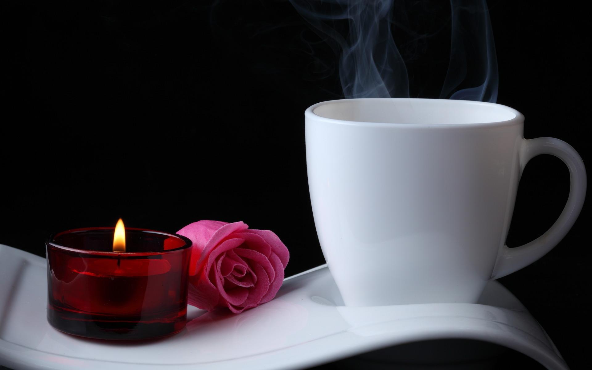 Hot Coffee, Pink Rose and Candle widescreen wallpaper. Wide