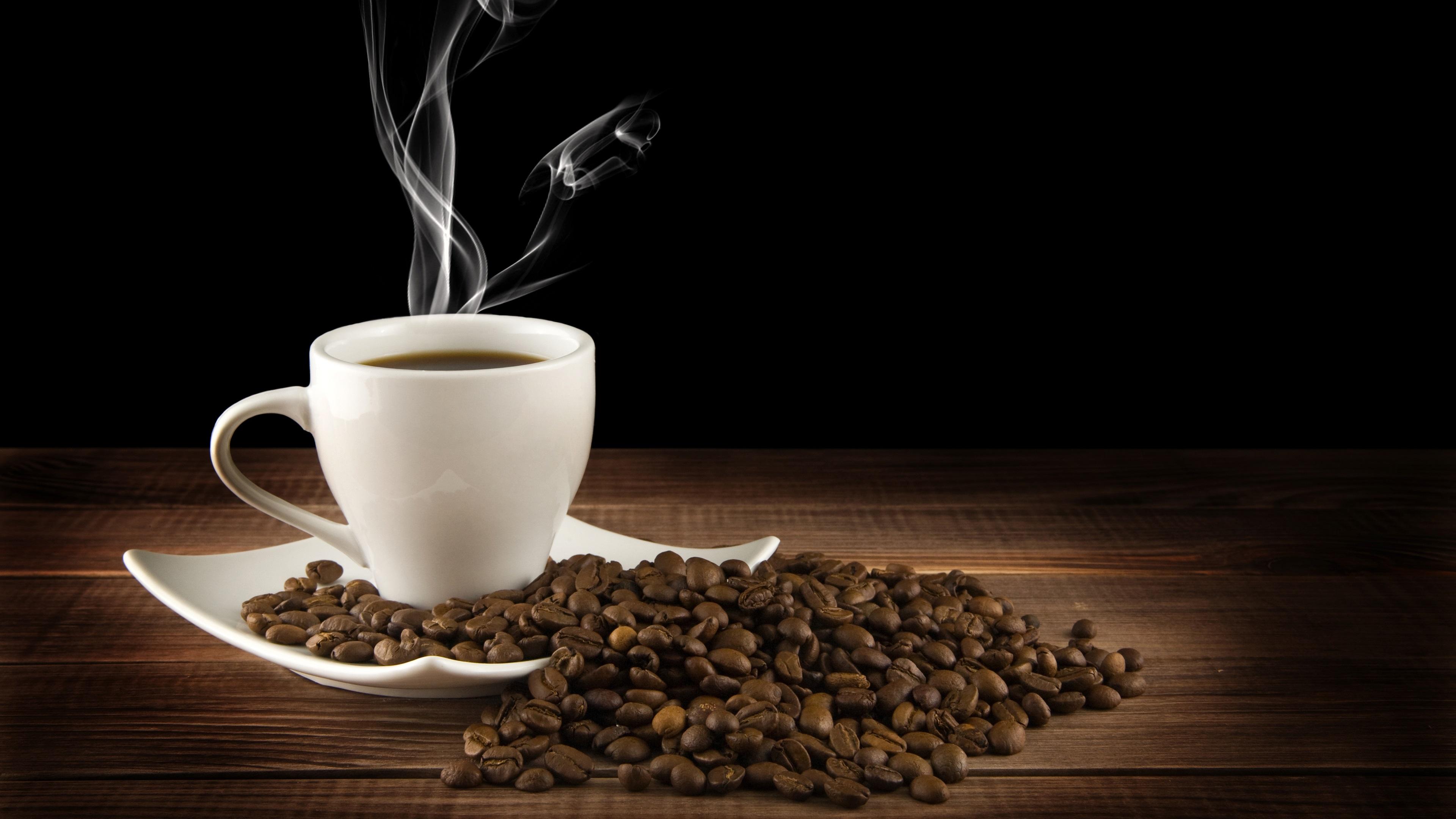Wallpaper White cup, drink, hot coffee, saucer, steam, coffee beans