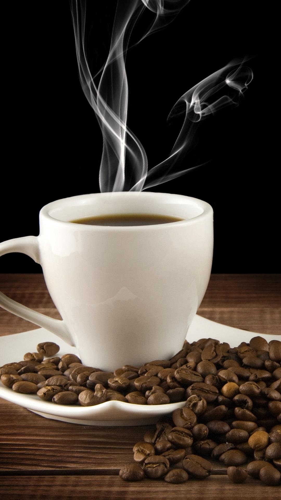 Wallpaper White cup, drink, hot coffee, saucer, steam, coffee beans