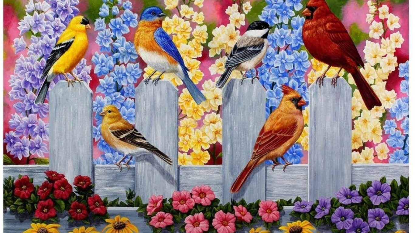 Birds Springtime Flowers Fence Party Garden Spring Colorful