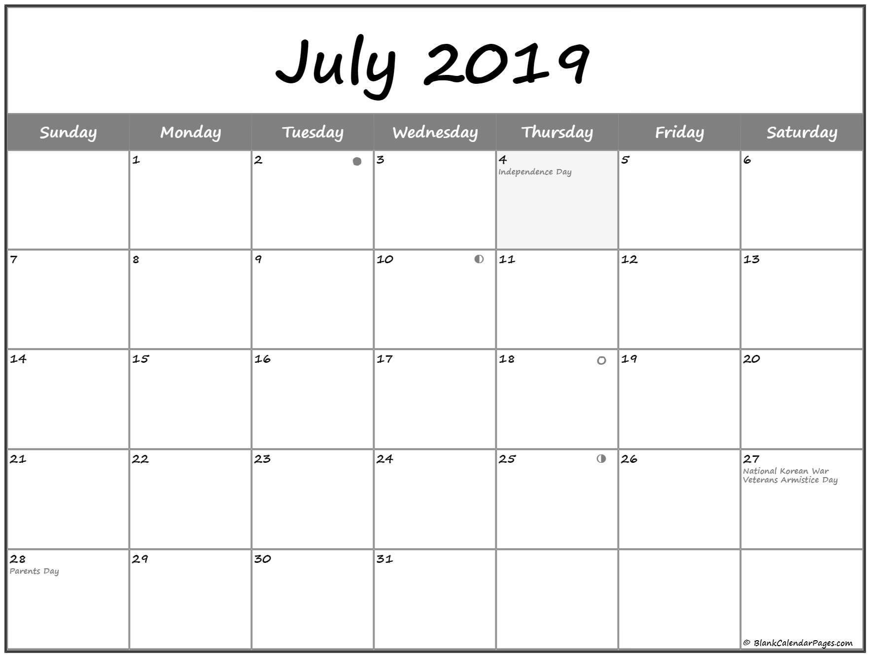 New Moon Phases For July 2019 Calendar, Full Moon Calendar July 2019