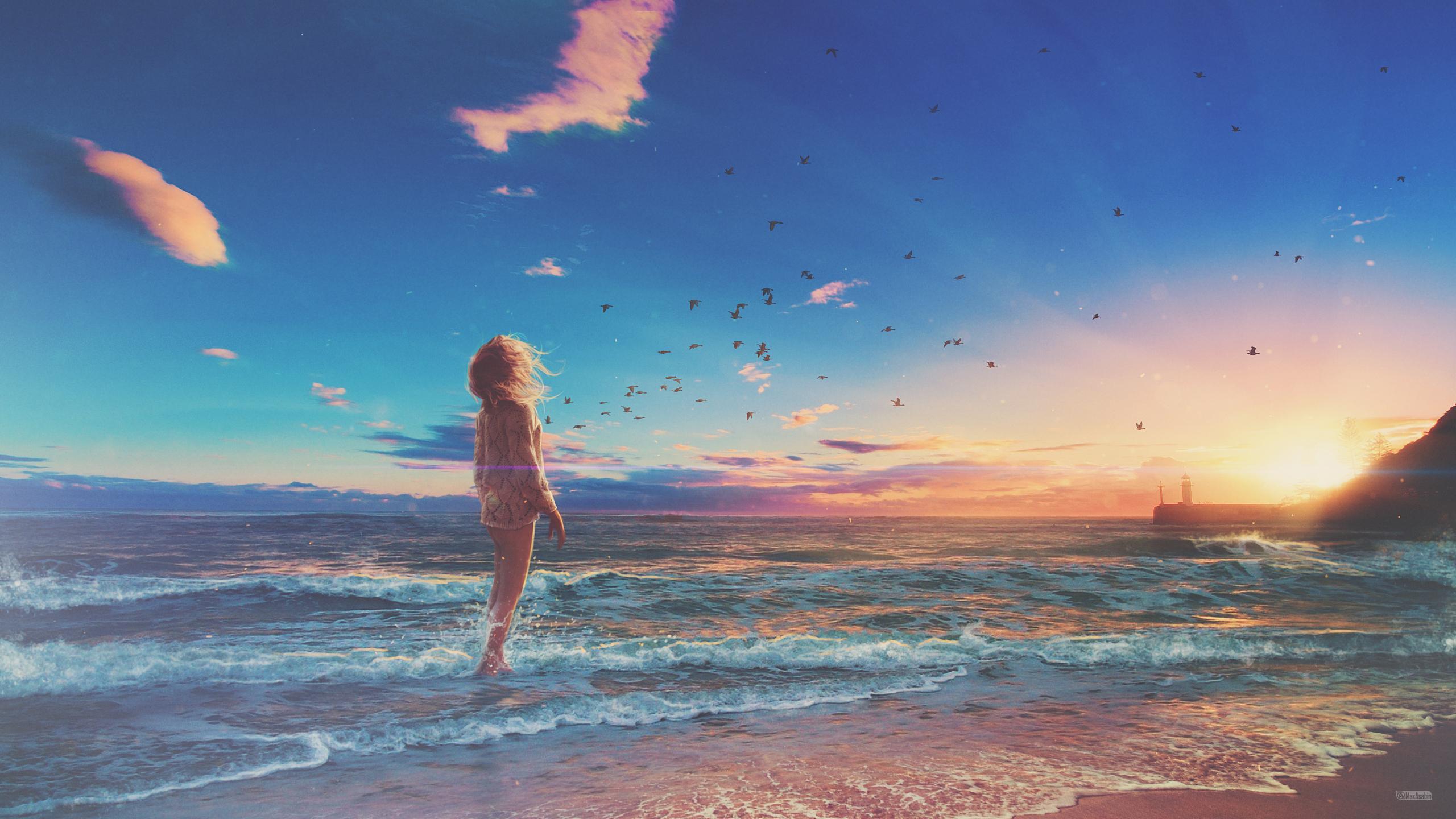 Wallpaper Girl, Beach, Sunrise, Morning, Digital art, Surreal, HD