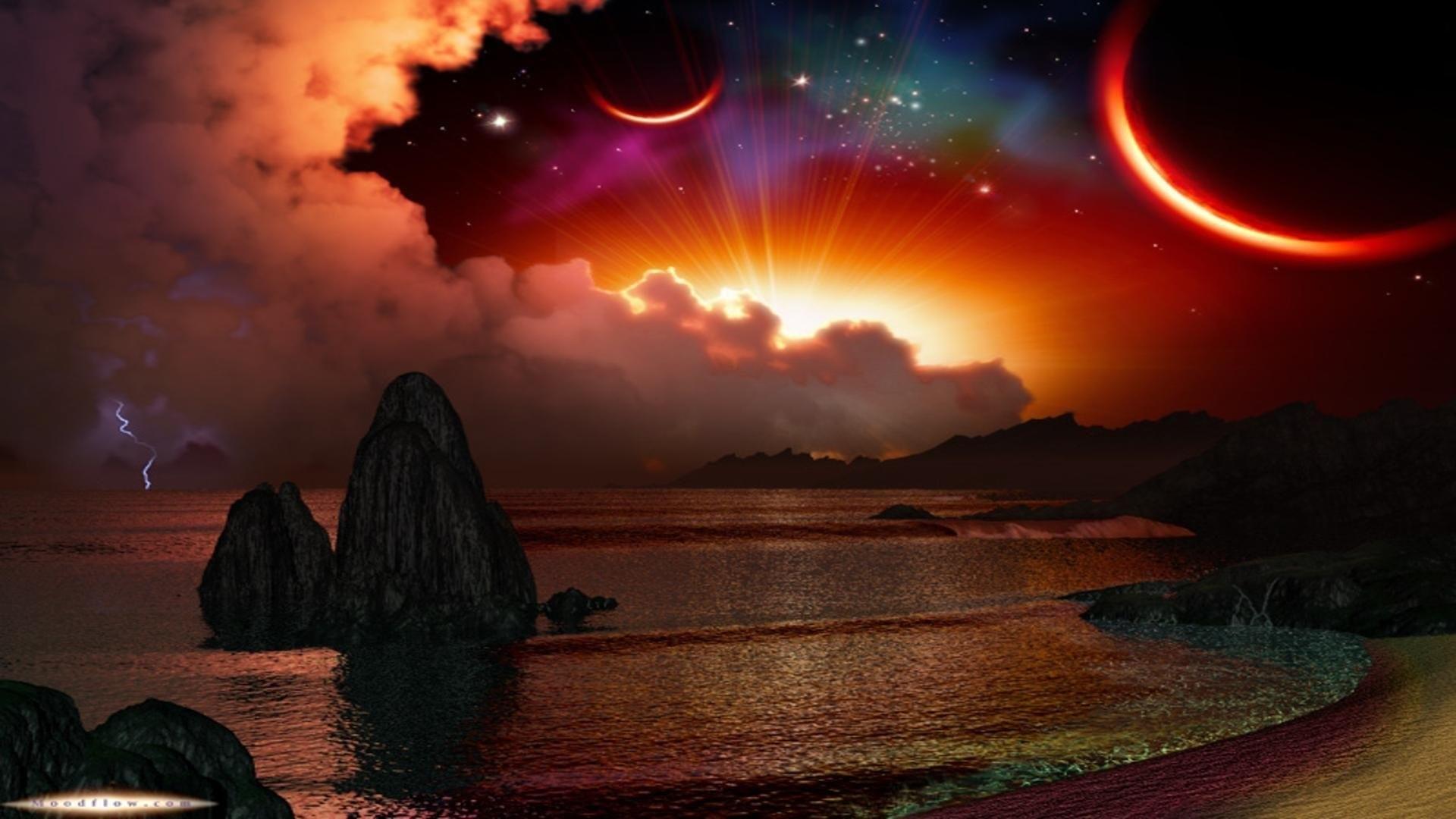 Beach, Rain Moon, Fantasy, HD, Sunrise, Nature, Sky, Artwork, Stars