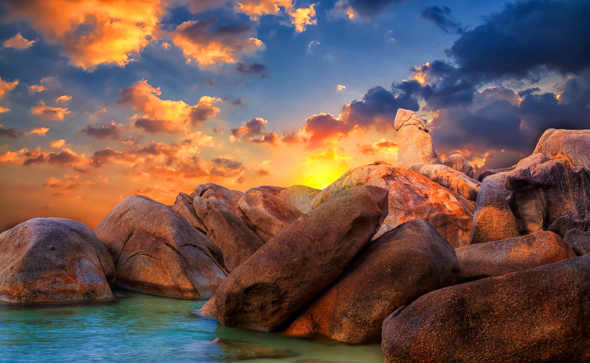 sea, beautiful, beach, sky, rocks, clouds, Thailand, sunrise