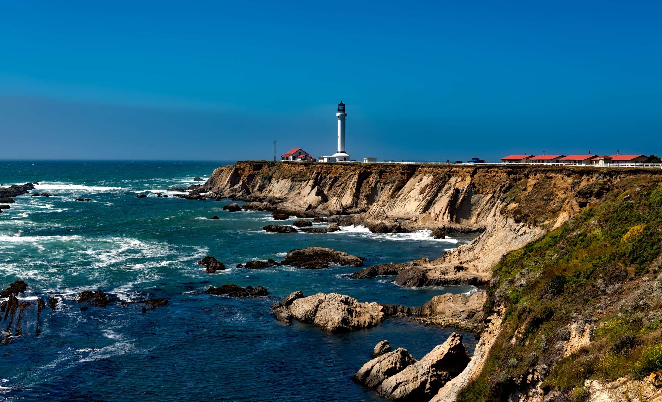 cliff, coast, lighthouse, ocean, outdoors, rocks