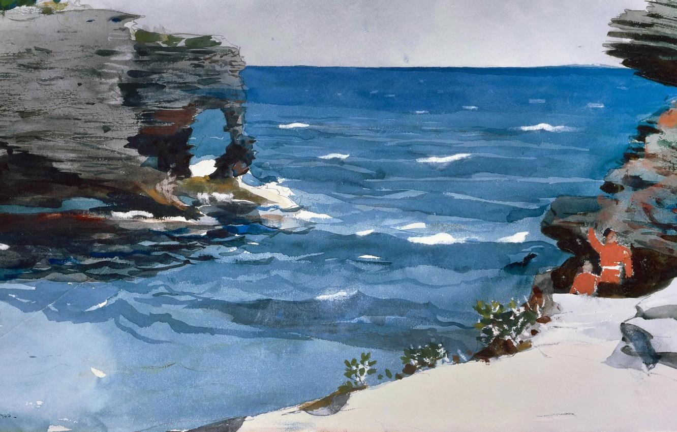 Wallpaper sea, rocks, figure, watercolor, Winslow Homer, Winslow