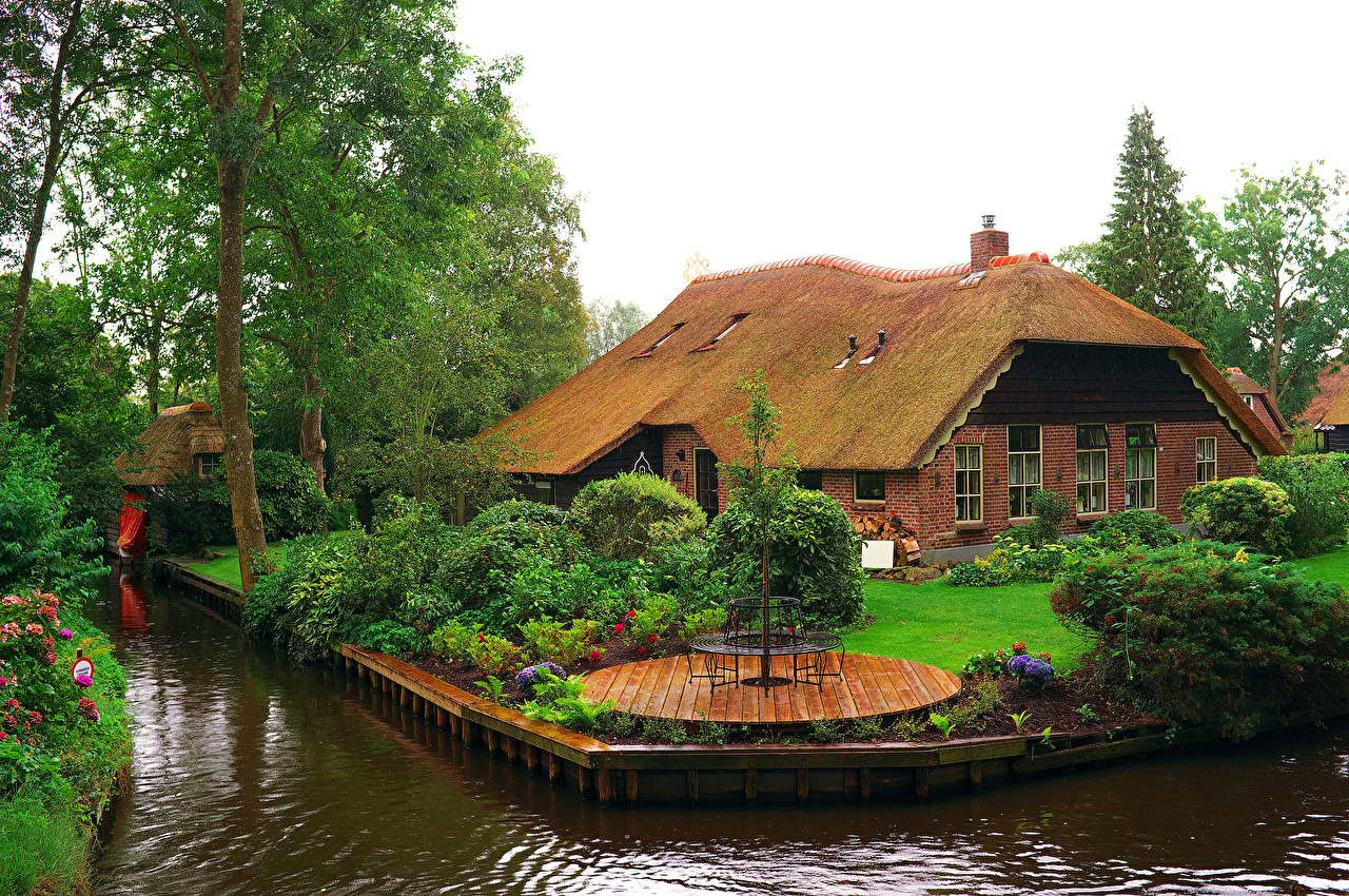 Wallpaper Netherlands Giethoorn Canal Bush Trees Cities Houses