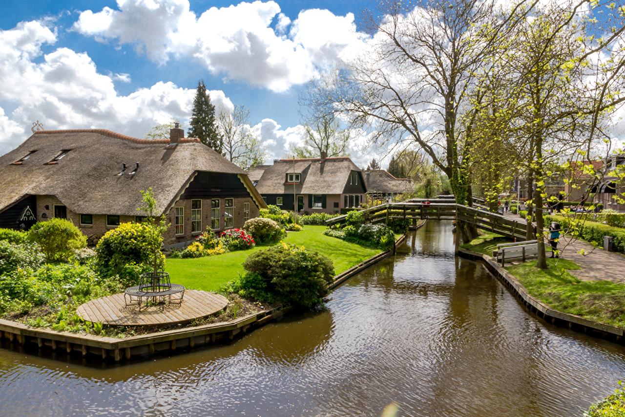 Picture Netherlands Giethoorn Canal Bridges Trees Cities Houses