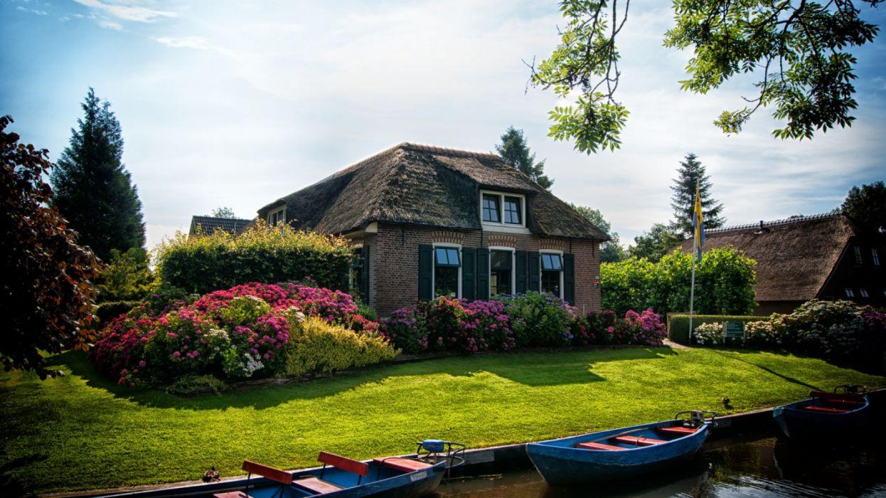 Netherlands Houses Boats Giethoorn village Mansion wallpaper