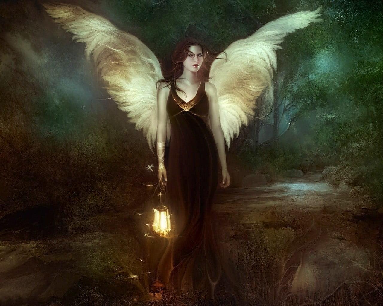 HD wallpaper: wings, angel, lantern, fantasy art, fantasy girl, one