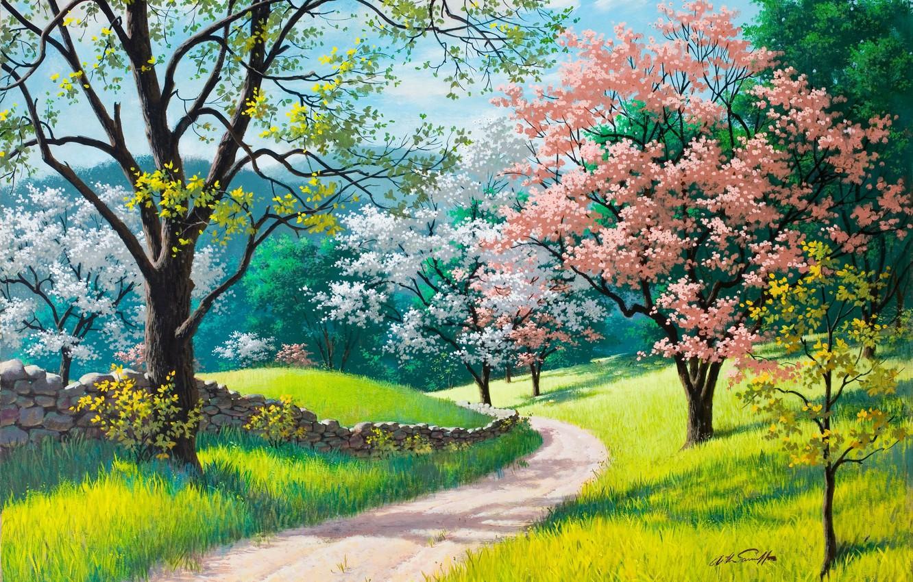 Wallpaper road, green grass, spring, painting, Arthur Saron Sarnoff