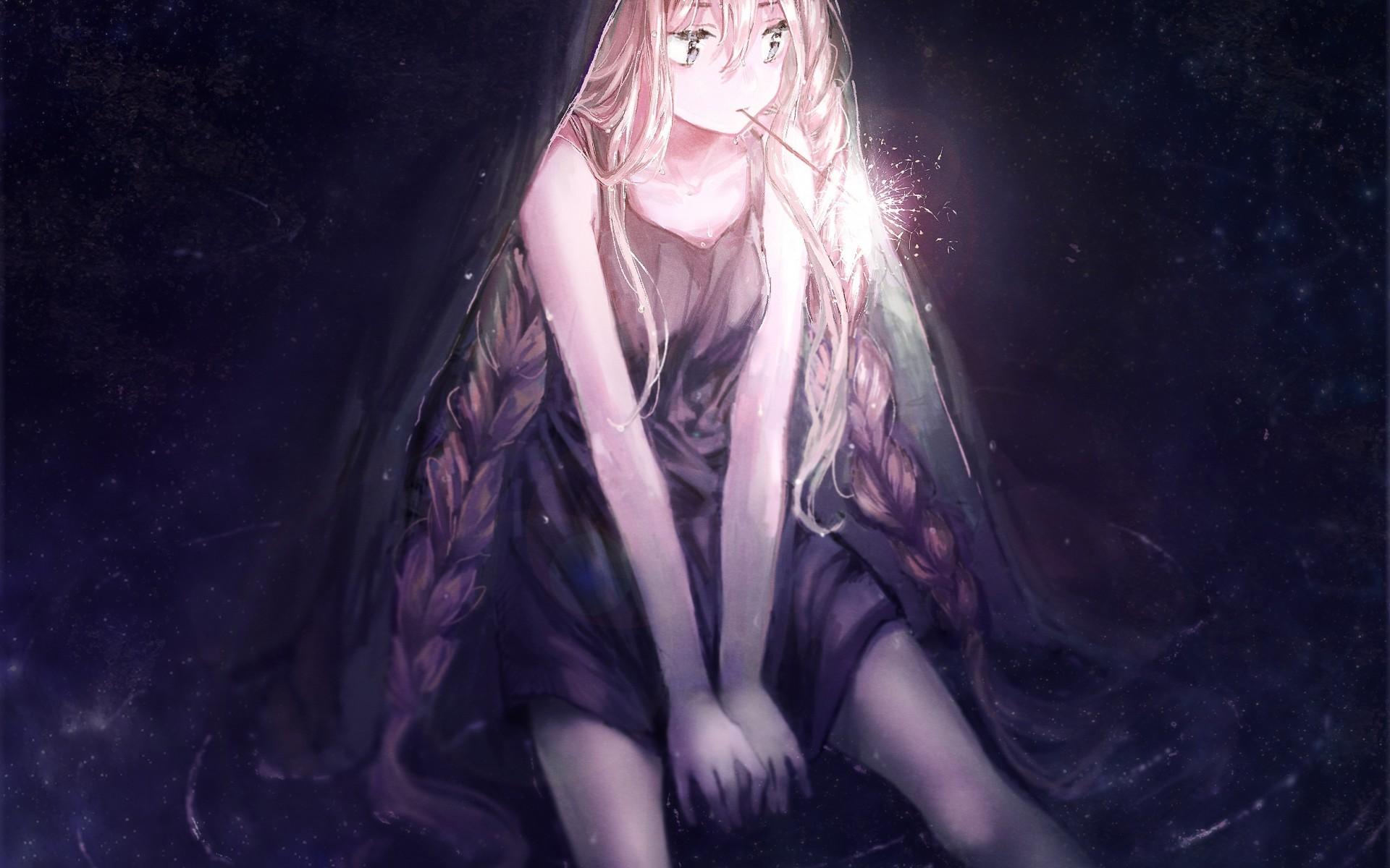 Download 1920x1200 Anime Girl, Curly Hair, Sparklers, Hat, Braid