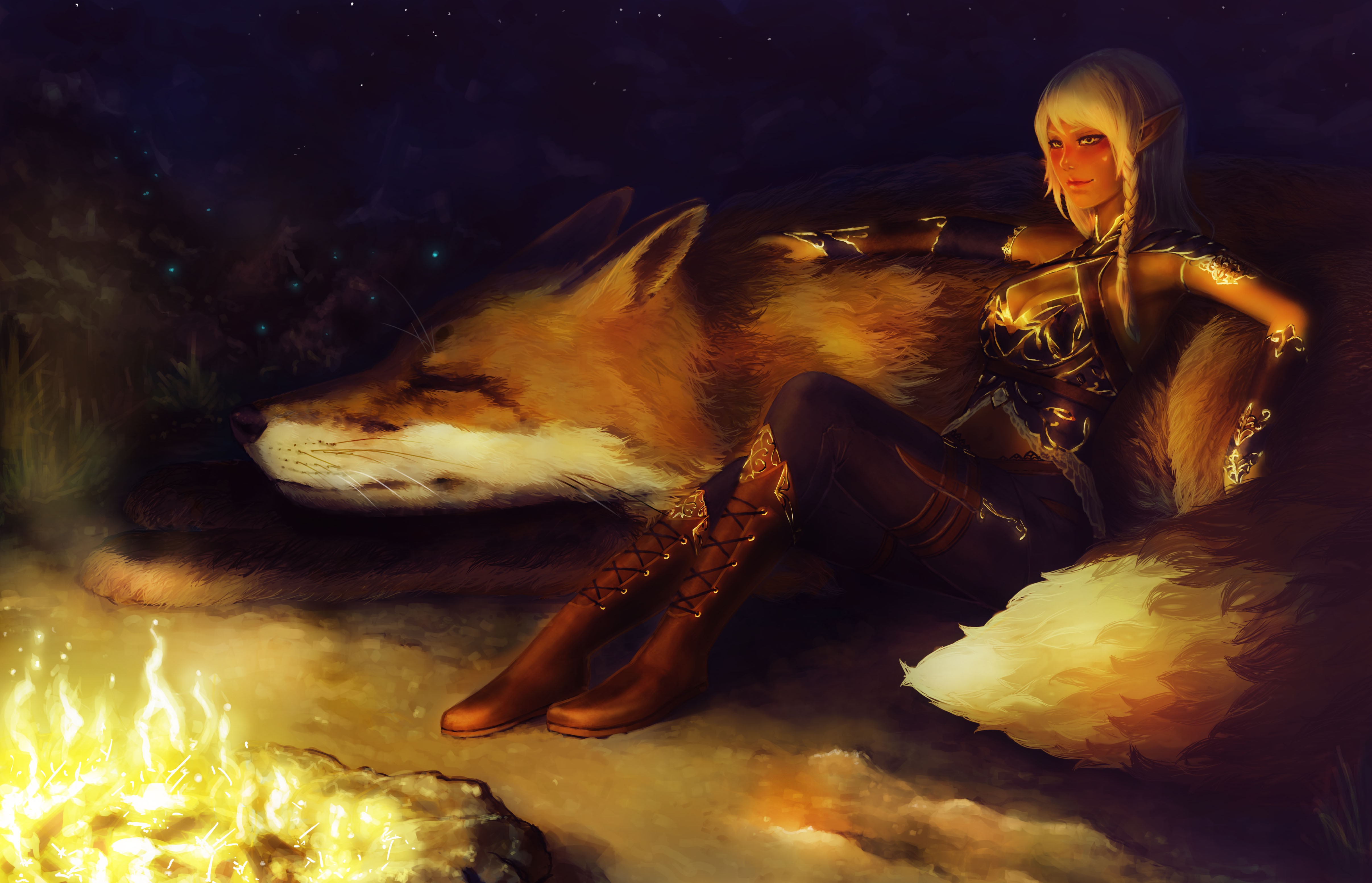 Bonfire, Pointed Ears, Fox, Girl, Elf, White Hair, Woman