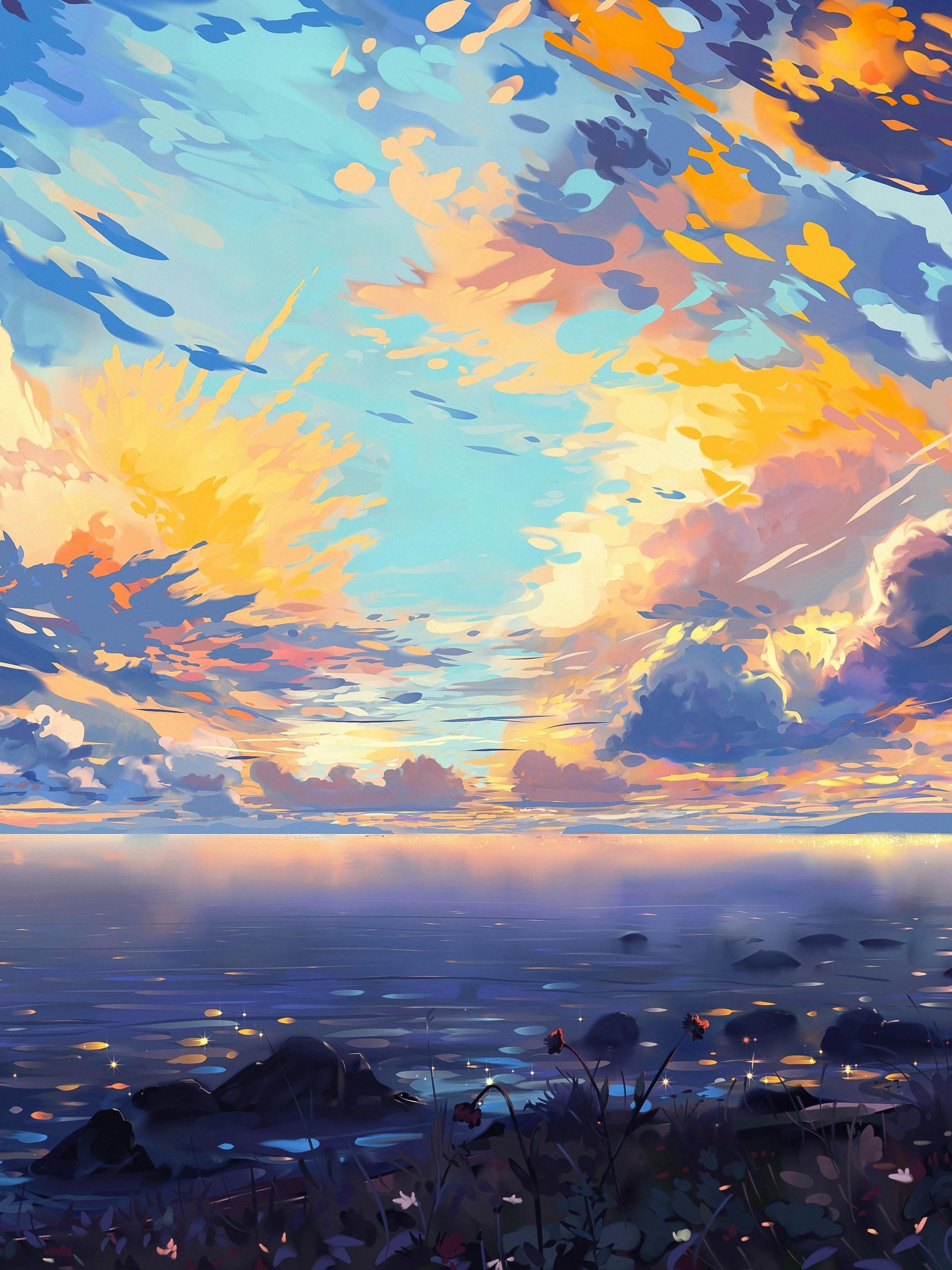 Download 2048x2732 Anime Landscape, Sea, Ships, Colorful, Clouds