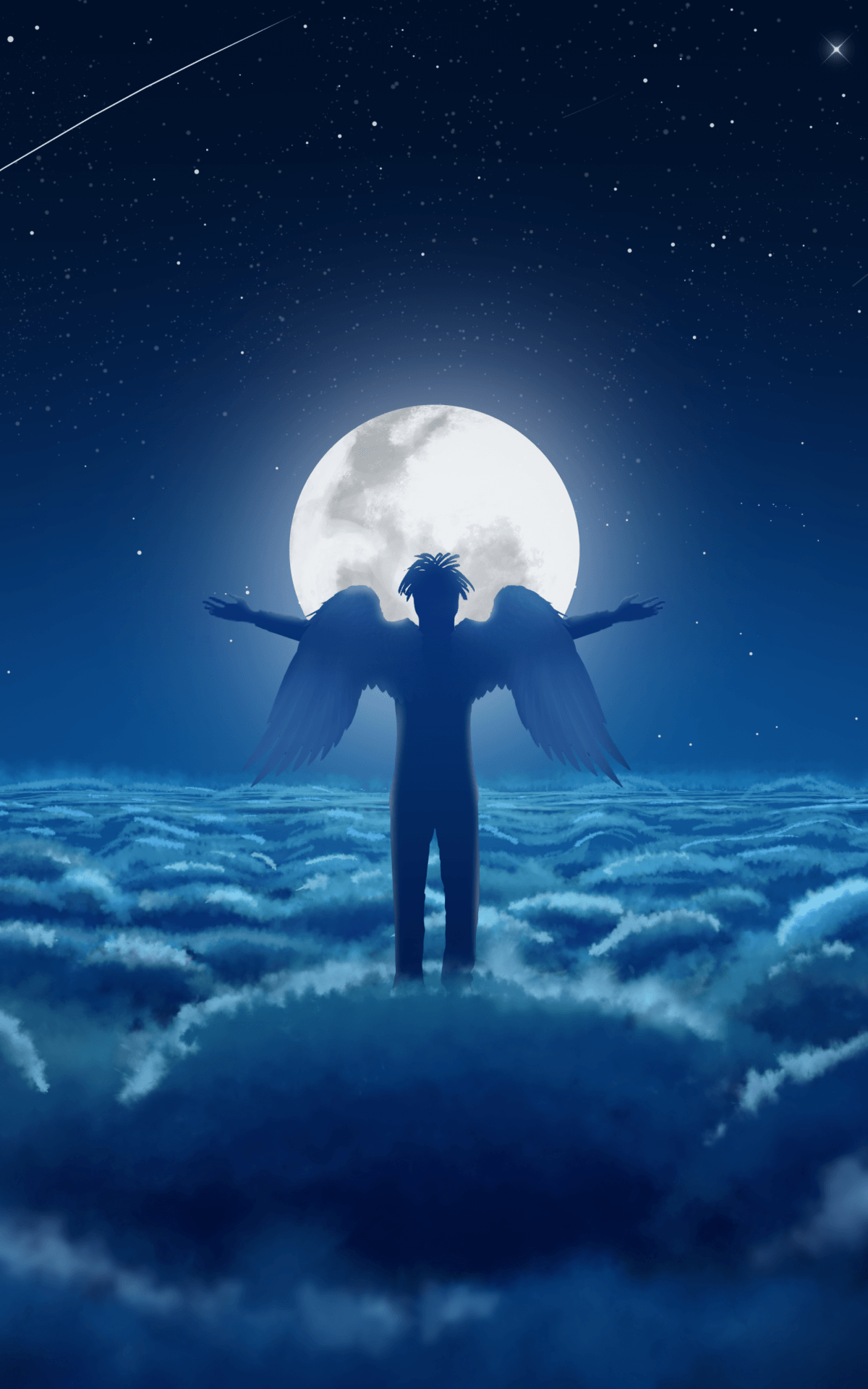 Download 1200x1920 Angel, Moon, Beyond The Clouds, Stars, Night