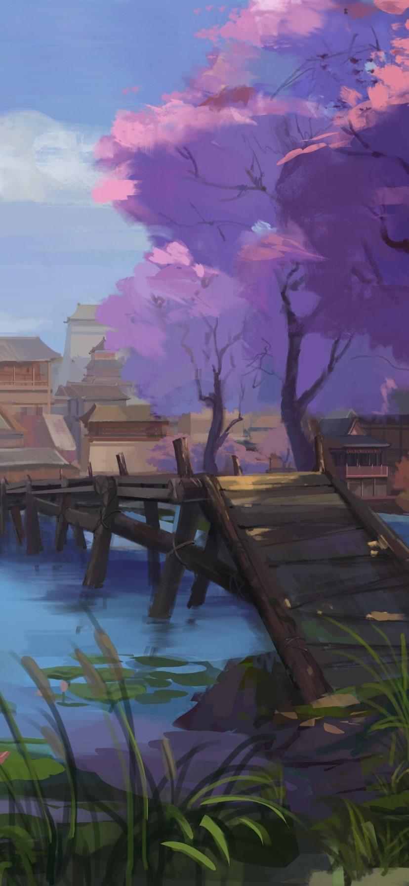 Watercolor painting, China, village, retro style 828x1792 iPhone XR