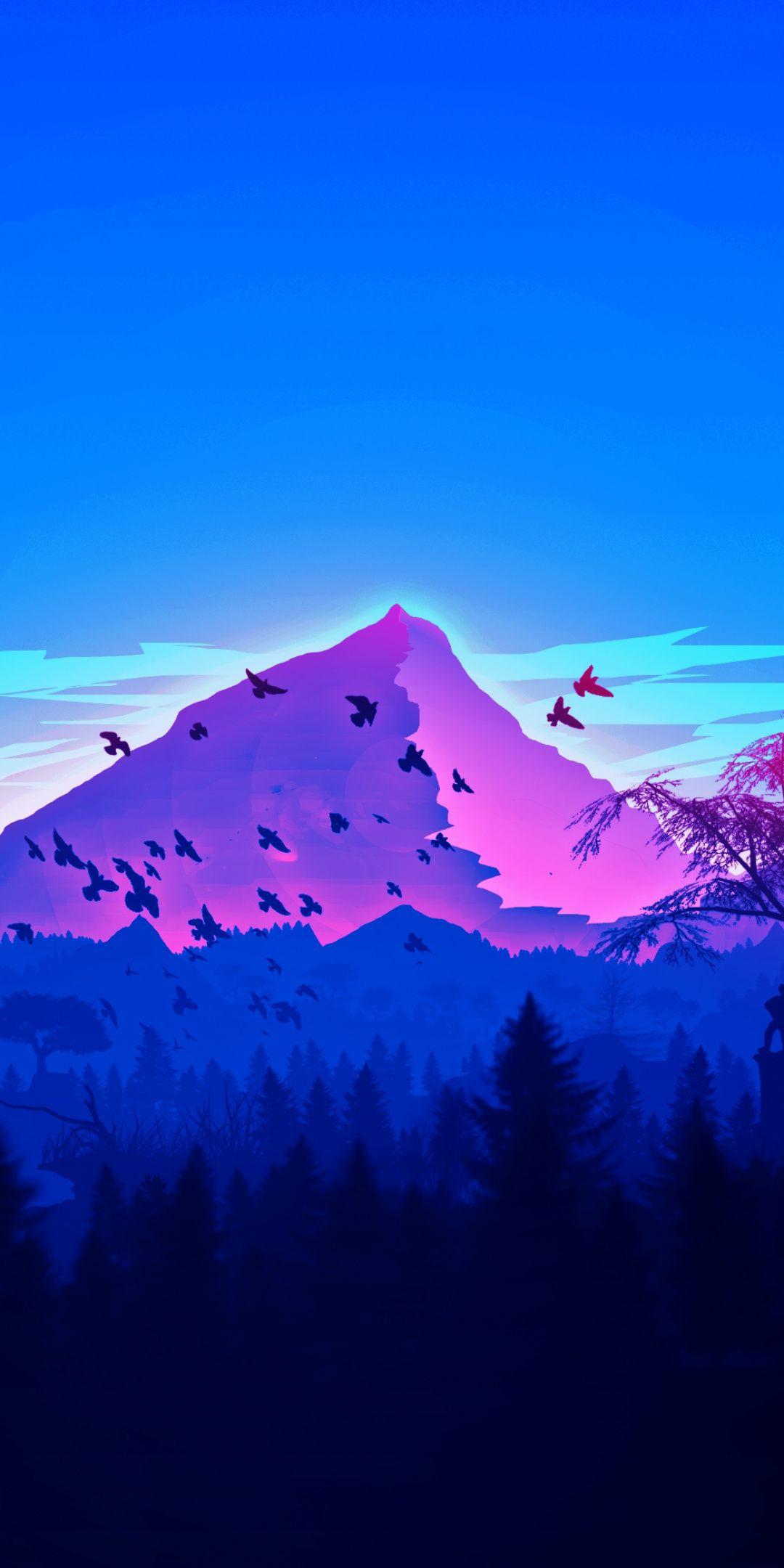 Mountain, peaks, birds, horizon, digital art, 1080x2160 wallpapers