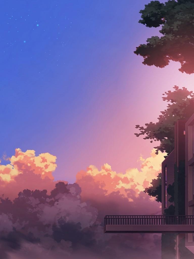 Download 768x1024 Anime Landscape, Building, Sunset, Clouds, Scenic
