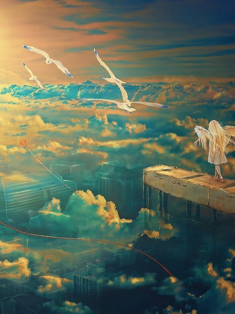 Download 768x1024 Angel, Cliff, Clouds, Birds, Wings, Fantasy Girl