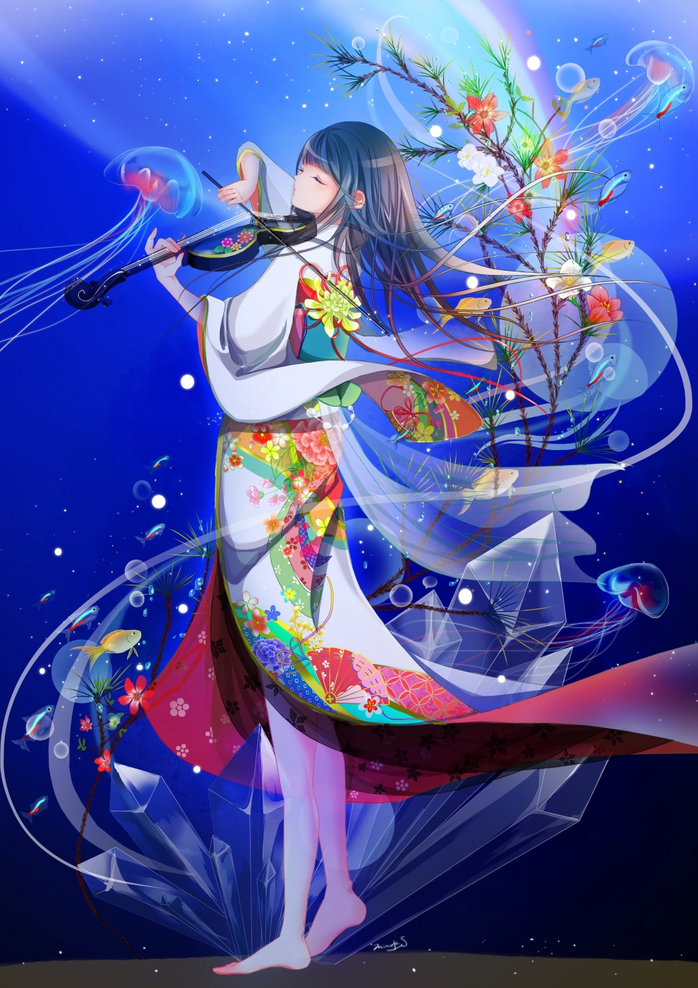Wallpaper Anime Girl, Violin, Japanese Outfit, Kimono