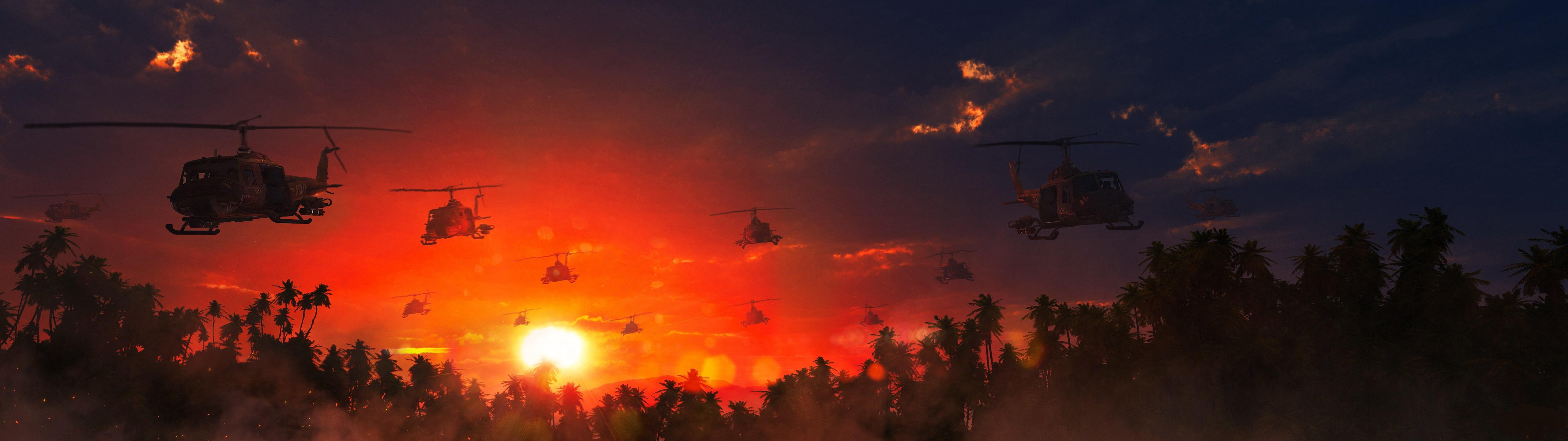 Image Helicopters US Vietnam War Sunrises and sunsets 5120x1440