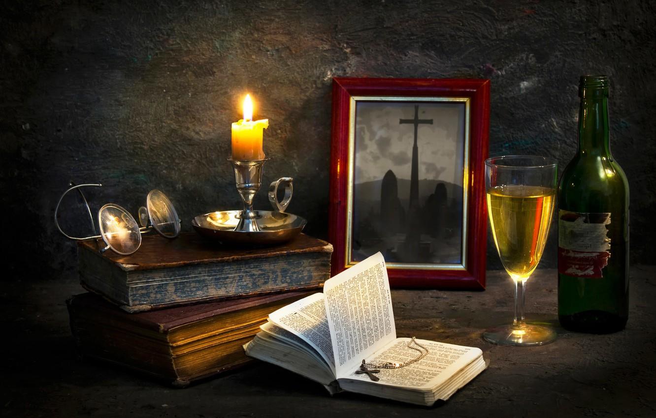 Wallpaper photo, books, candle, cross, The pastor's abode image