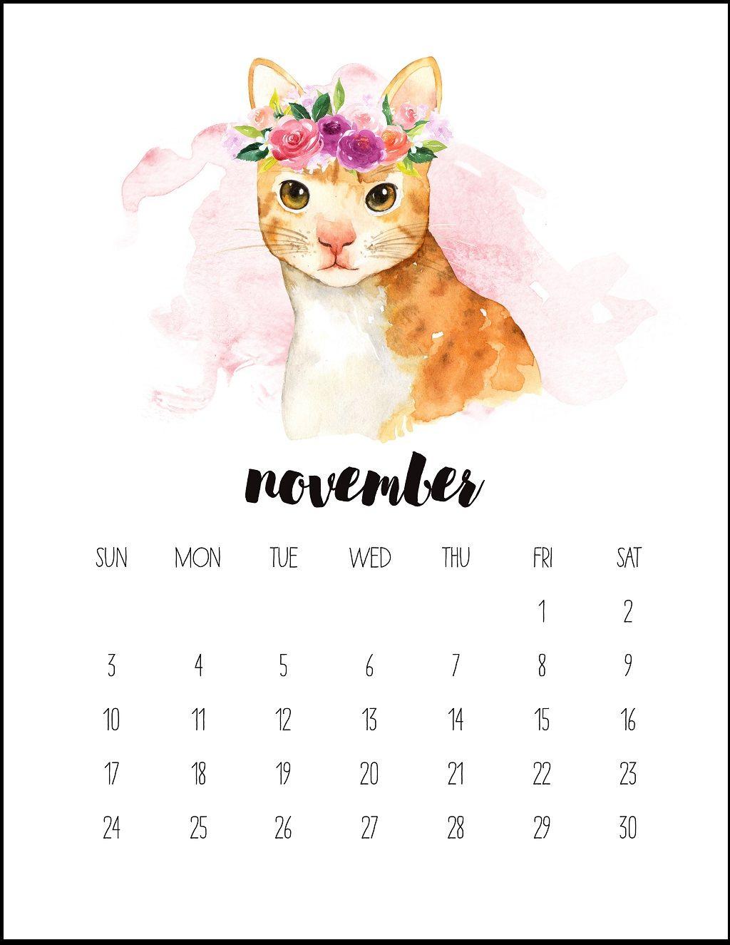 Watercolor November 2019 Printable Calendar. IG POST. Printable