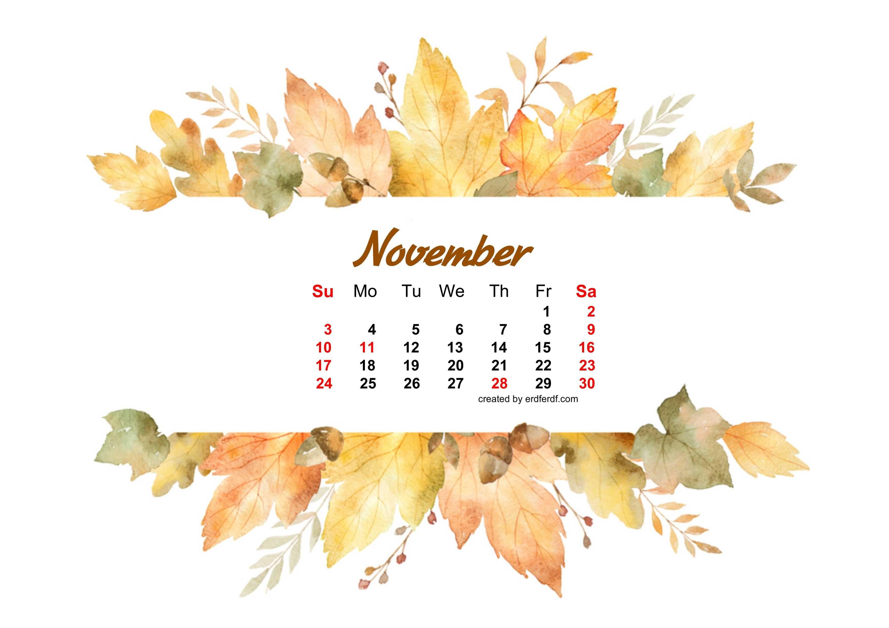 Watercolor Leaf Dried November 2019 Calendar Picture Wallpaper