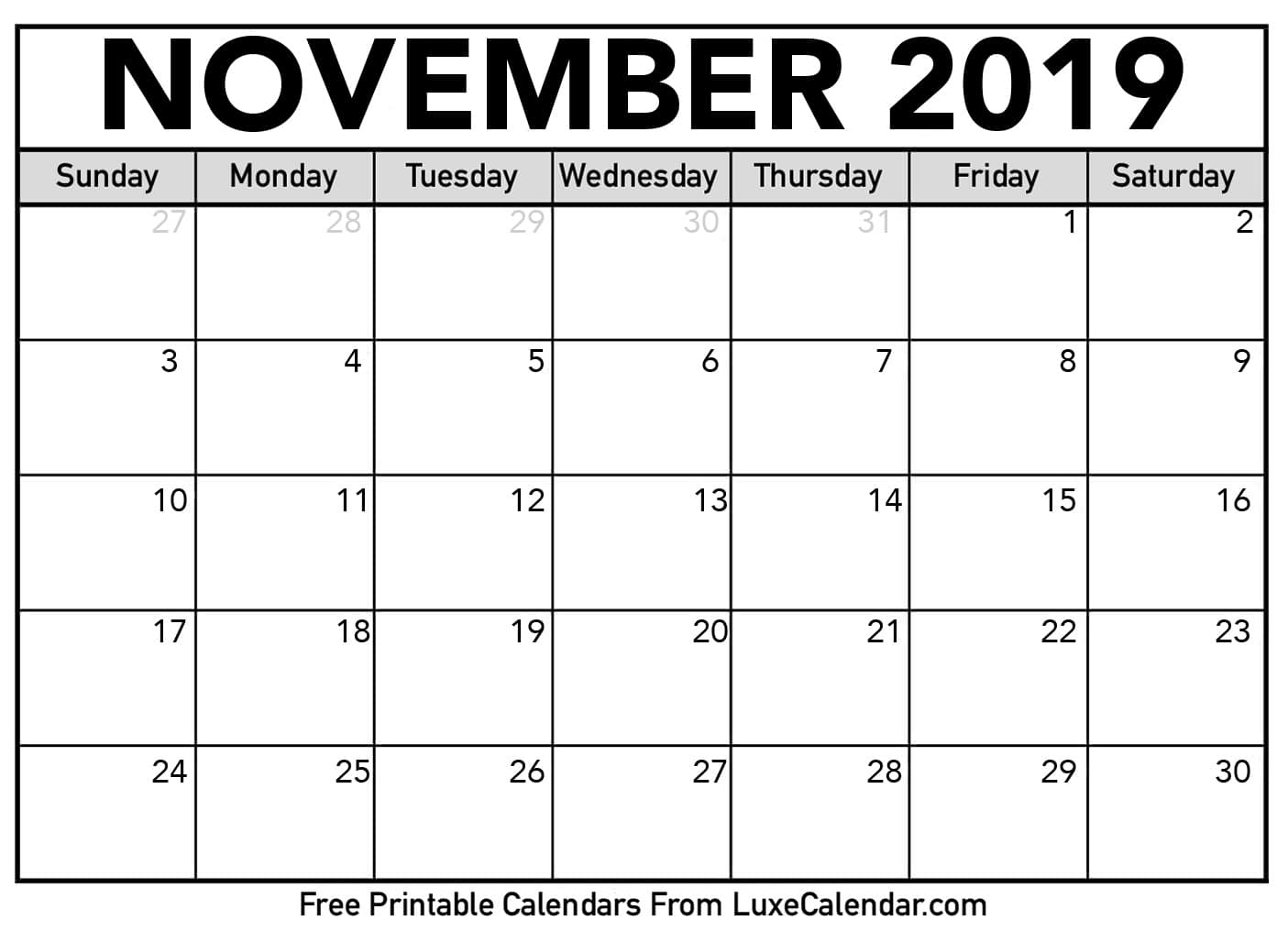 calendar print november 2019