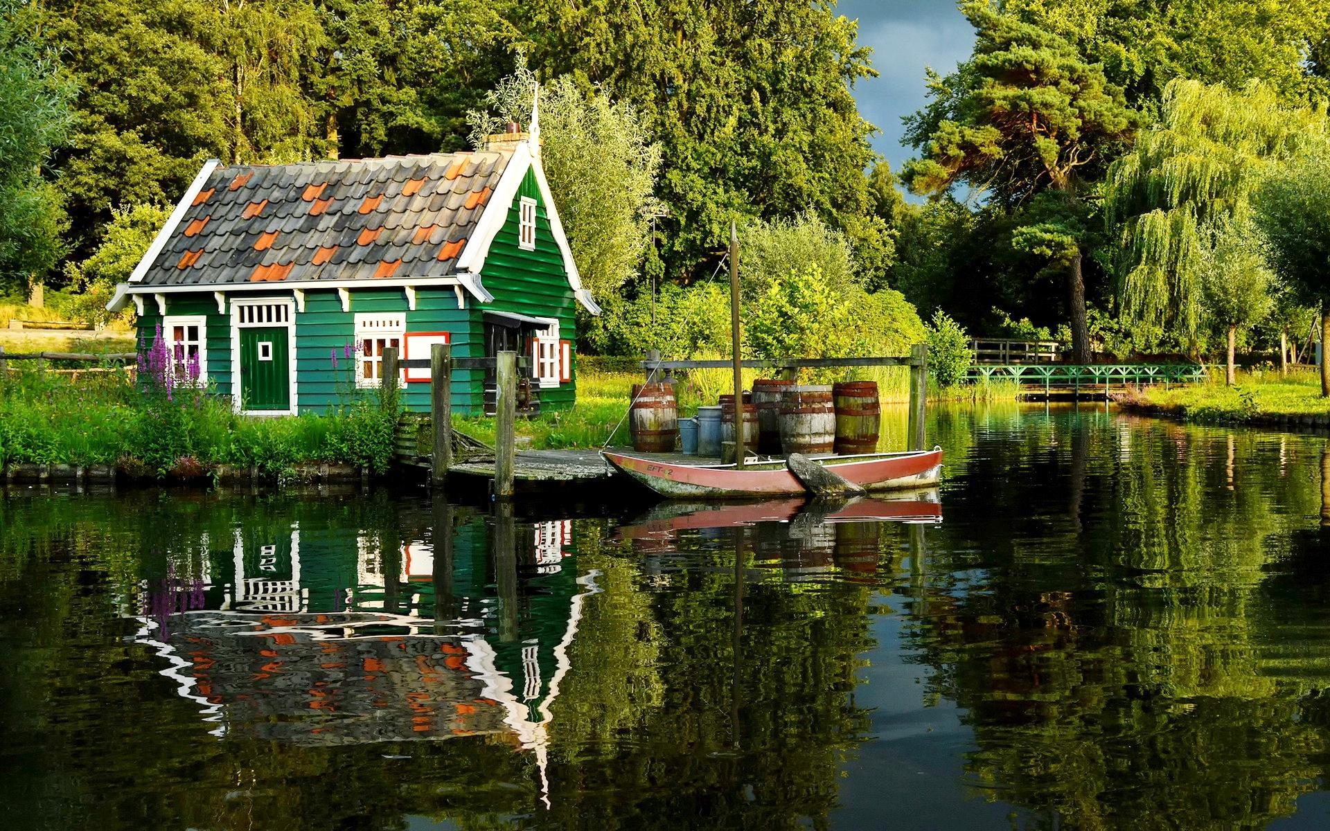 boat, trees, reflection, house, bridge, beautiful, pond, summer