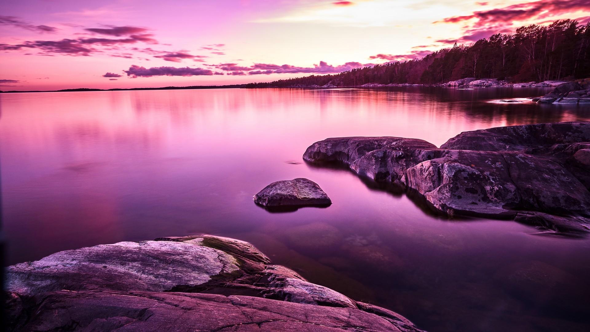 Download 1920x1080 Purple Sky, Horizon, Sunset, Scenic, Rocks