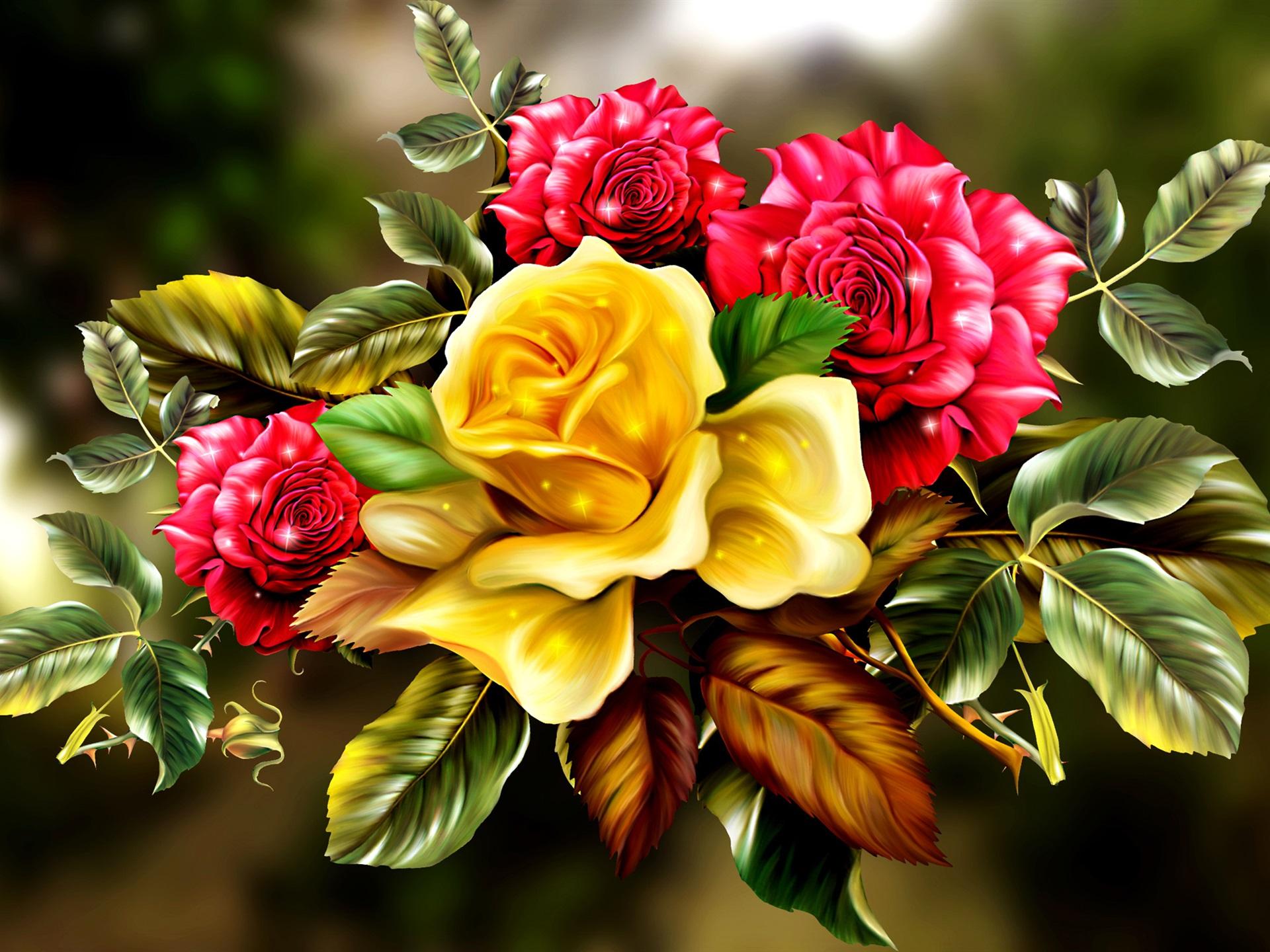Wallpaper Golden and red rose flowers, art picture 1920x1440 HD