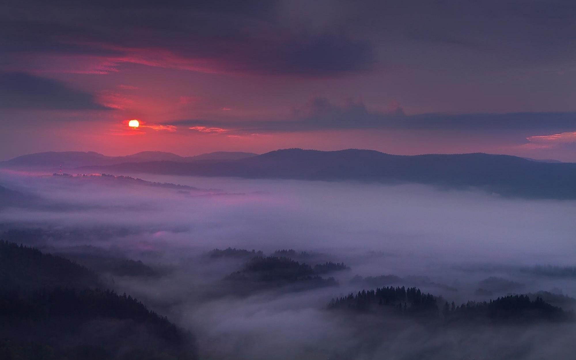 nature, Landscape, Purple, Sky, Mist, Mountain, Sunset, Forest