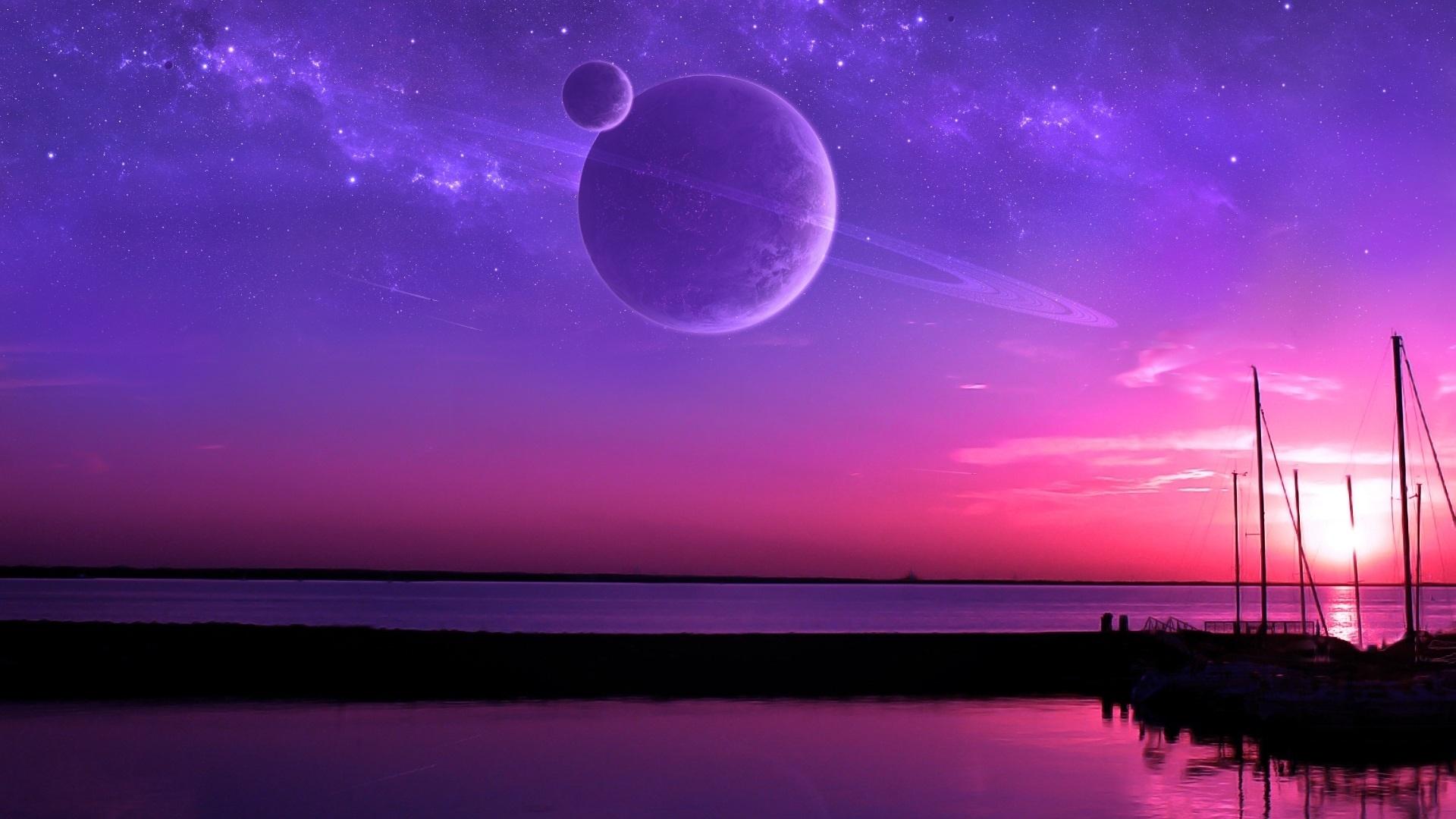 Purple Space And Water Fantasy Art HD Wallpaper