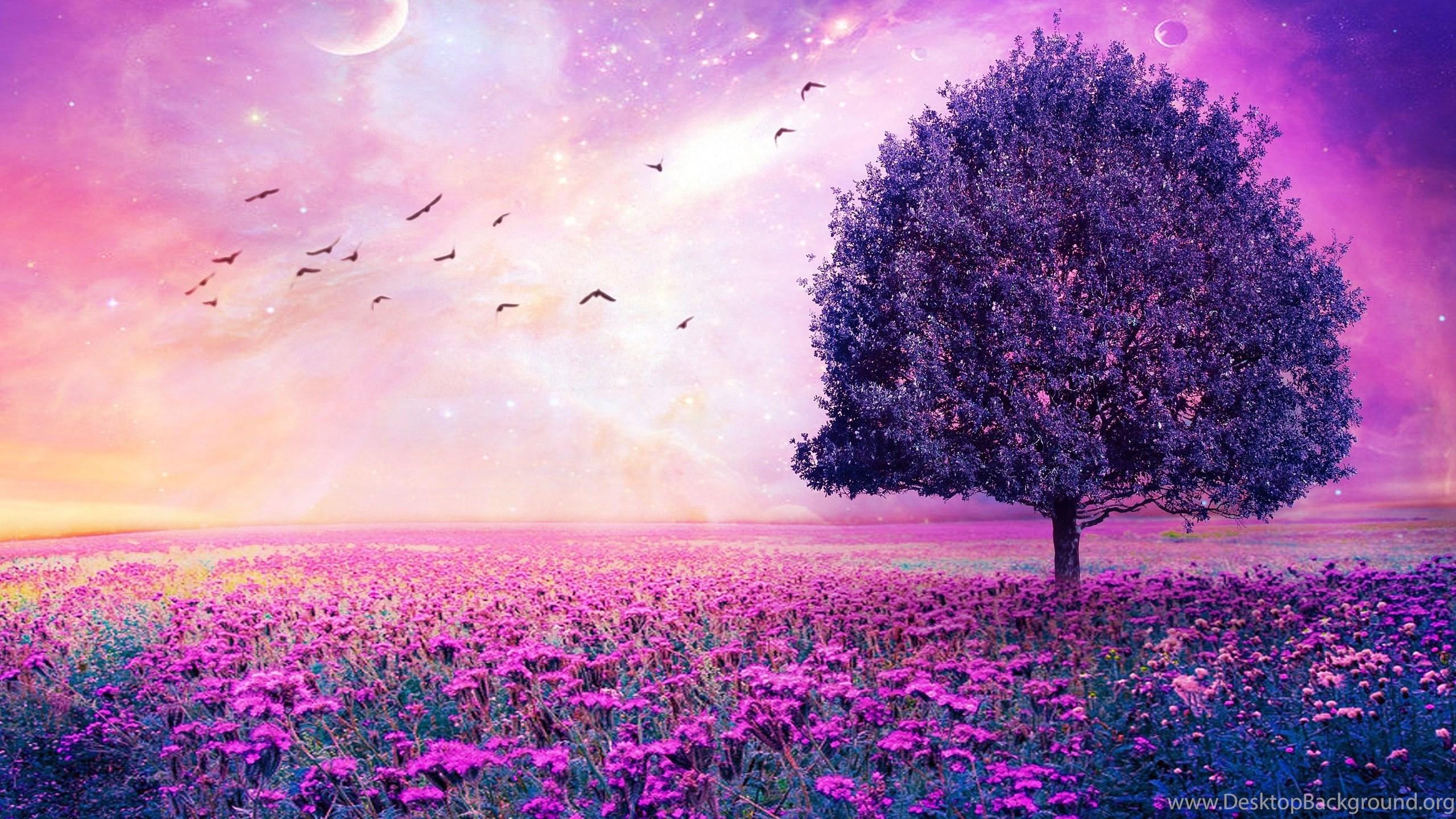 Tree And Purple Flowers Landscape 3D Art HD Wallpaper. Desktop