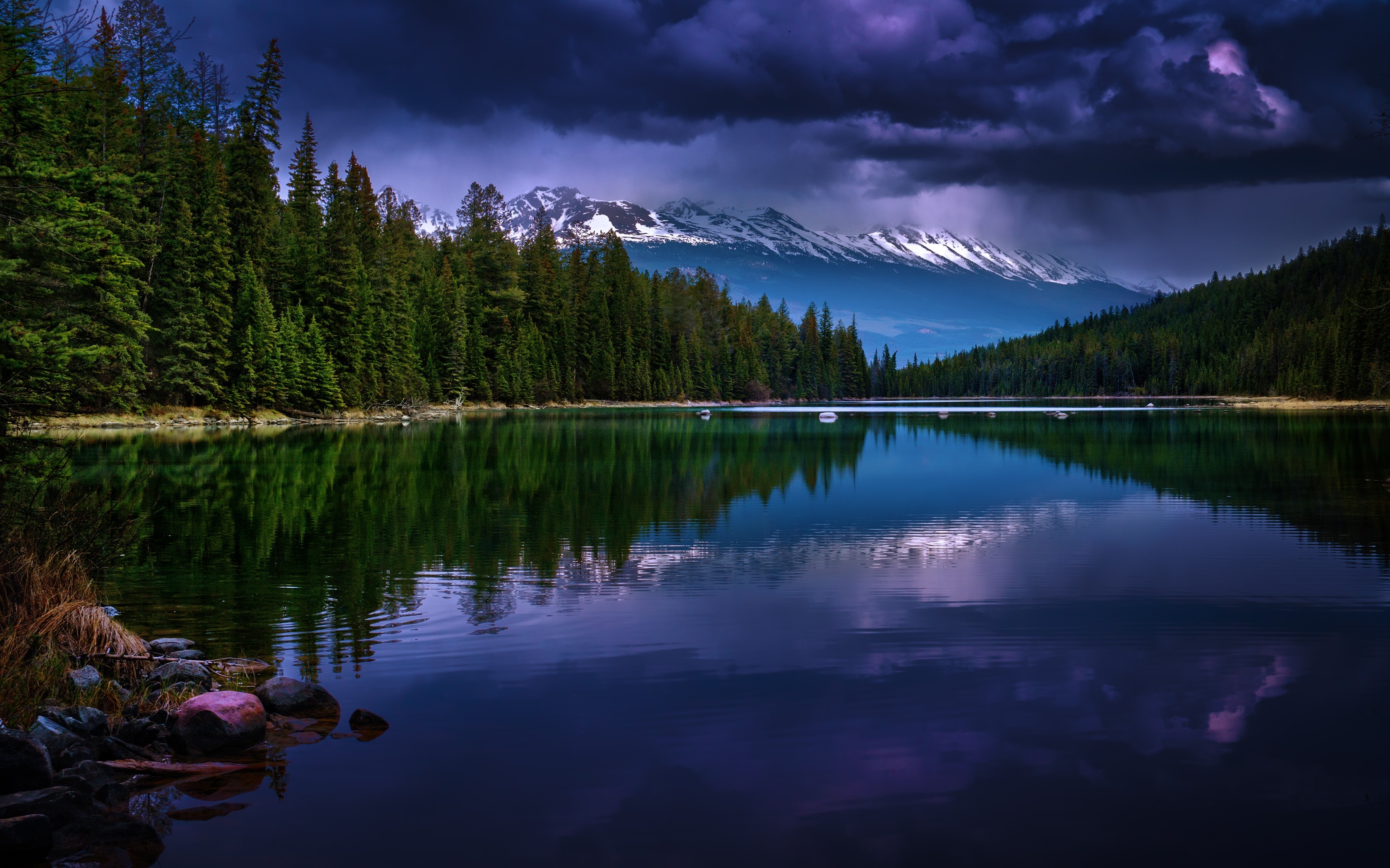 nature, Landscape, Mountain, Forest, Evening, Lake, Clouds, Snowy