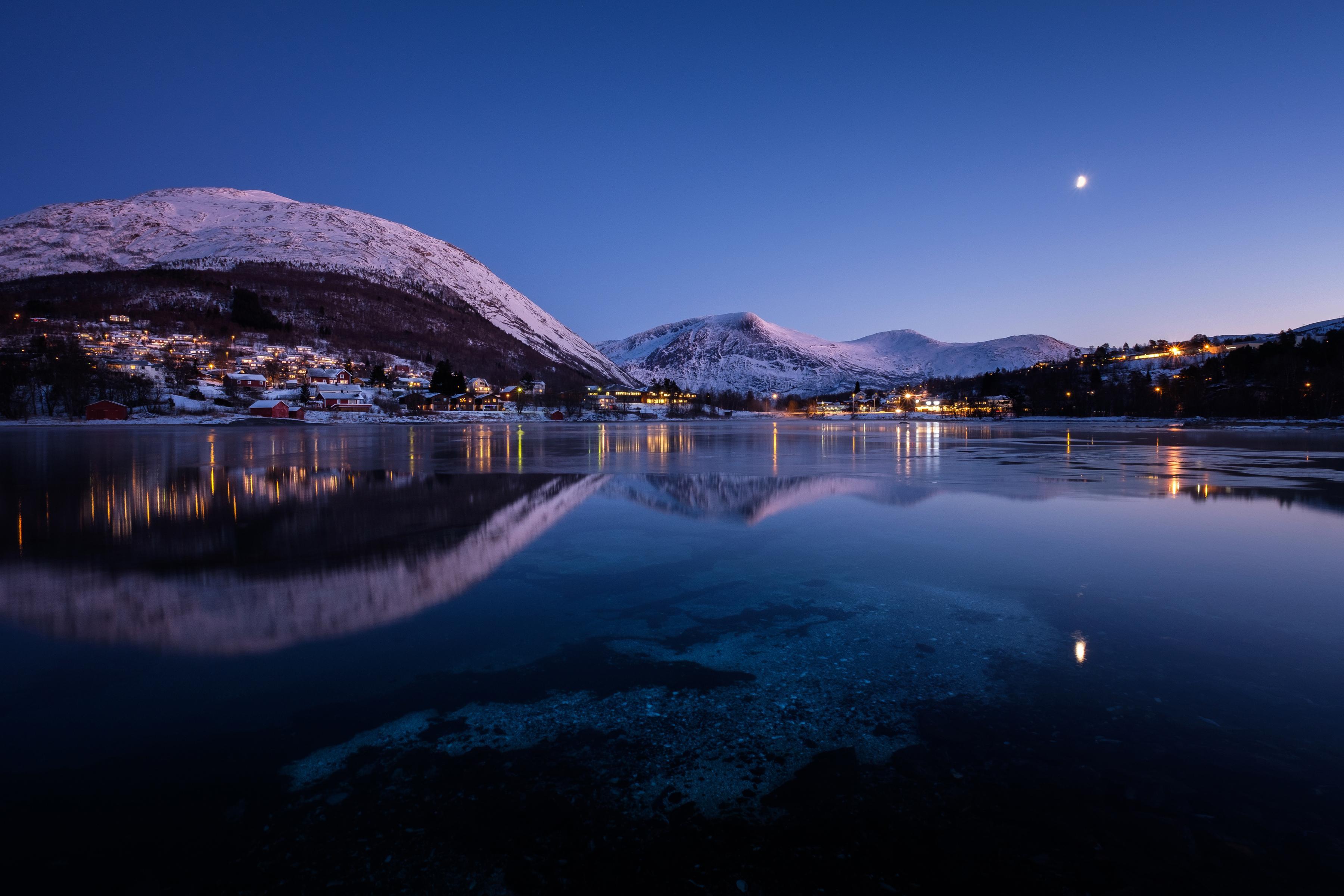 Norway Mountains Evening Lake Cities Night, HD Nature, 4k Wallpaper