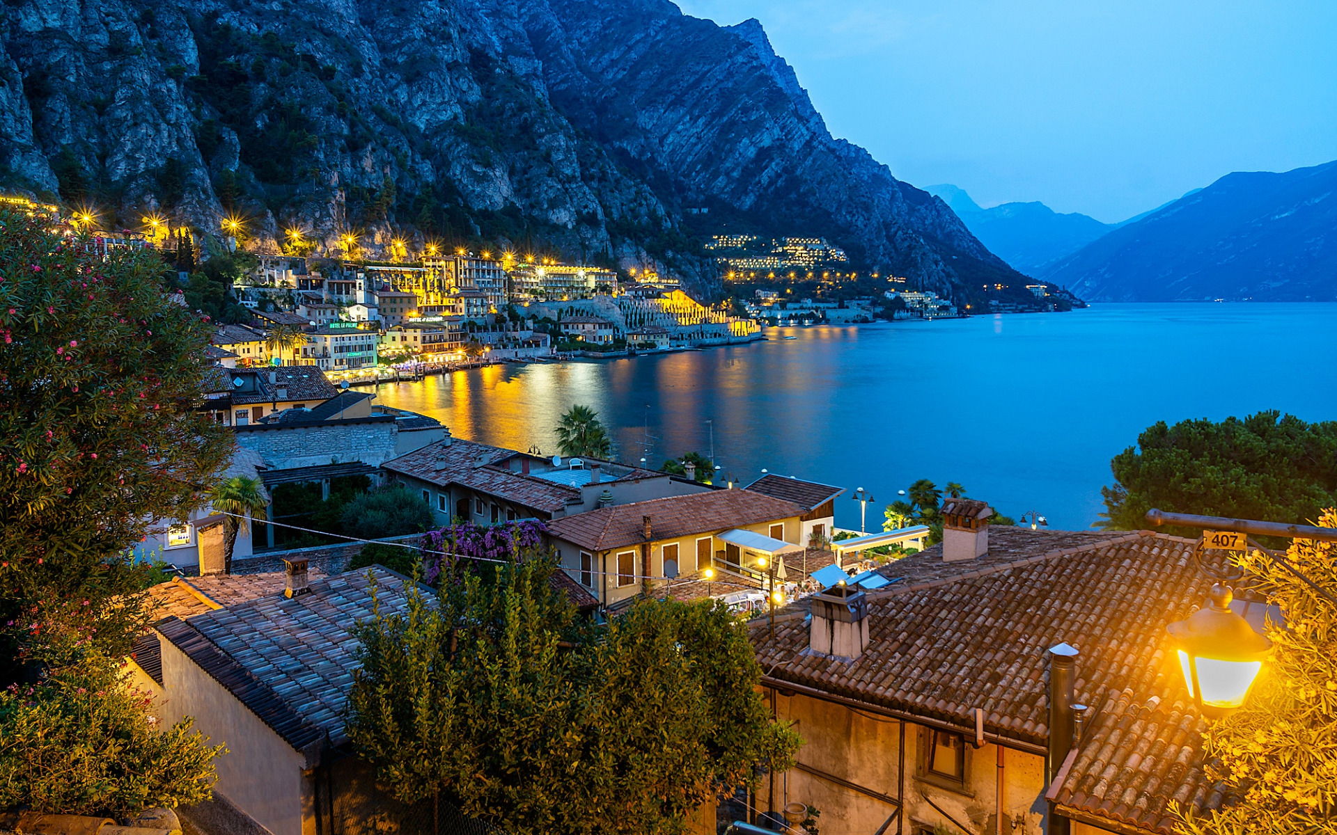 Download wallpaper Limone sul Garda, evening, sunset, cityscape