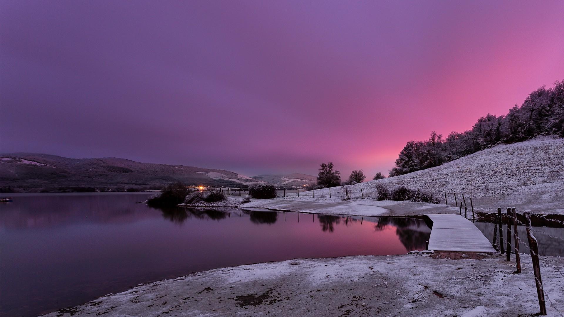 nature, Landscape, Water, Trees, Clouds, Winter, Snow, Frost, Hill