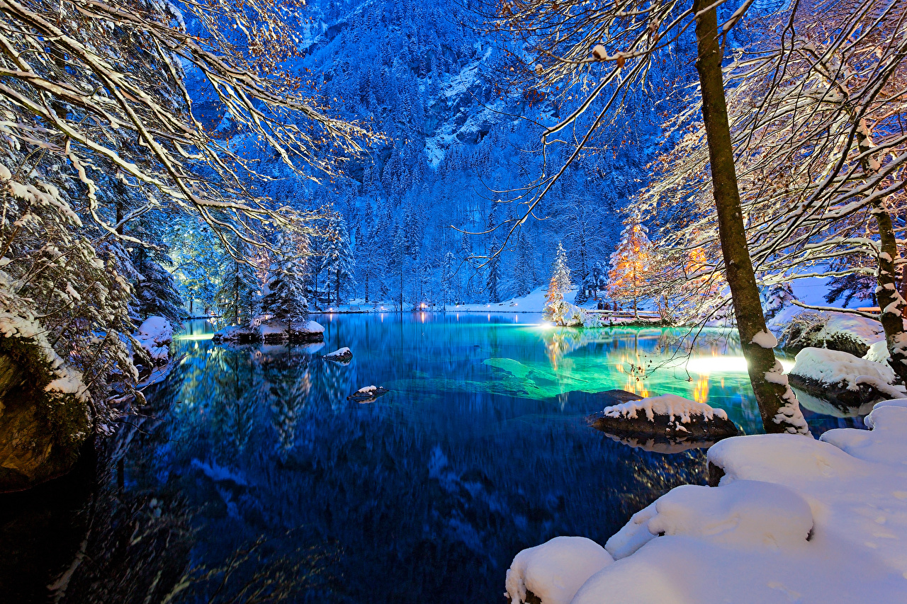 Wallpaper Switzerland Kander Valley Nature Winter Snow Lake Evening
