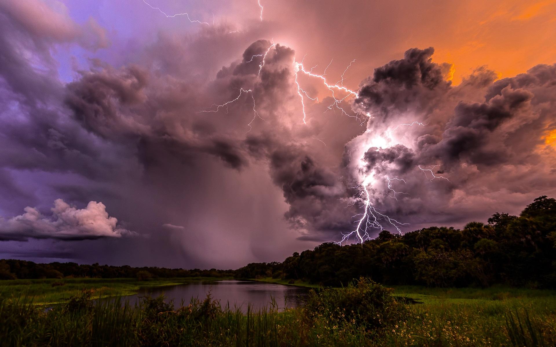 Wallpaper Nature, thunder, lightning, clouds, sky, evening, lake