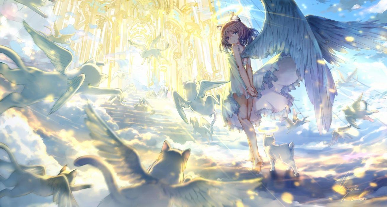 Anime girl angel wings heaven stairs light dress wallpaper