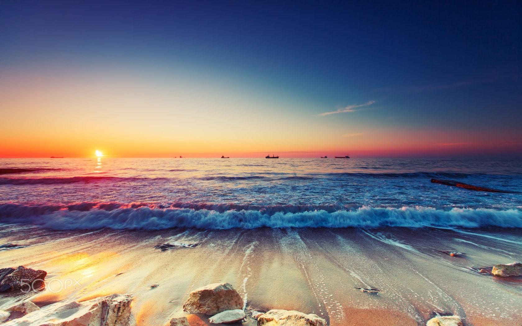 Sunrise Over The Horizon Sea Ships Sandy Beach Waves Beautiful