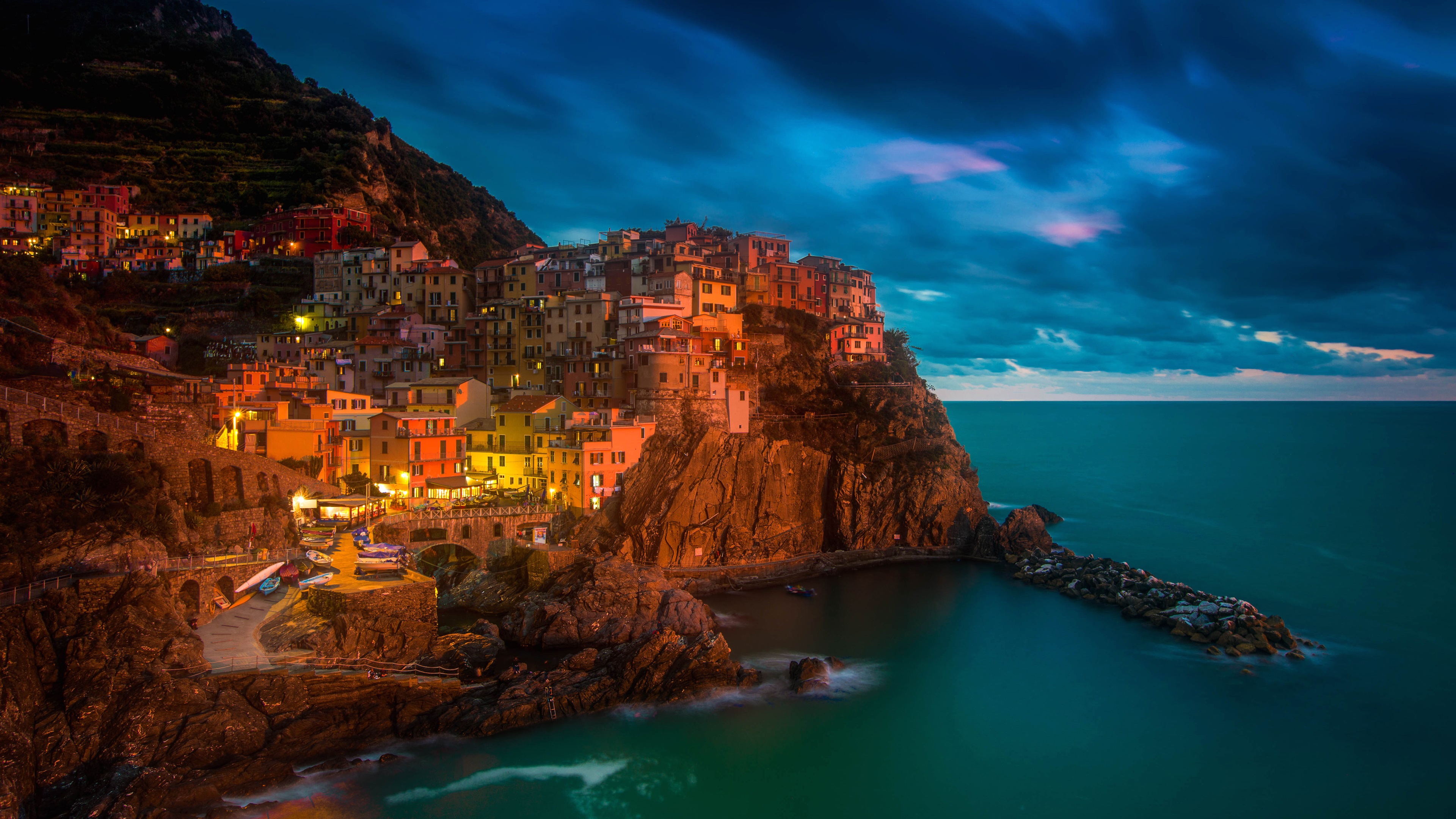 Wallpaper Italy, Manarola, Cinque Terre, sea, night, lights