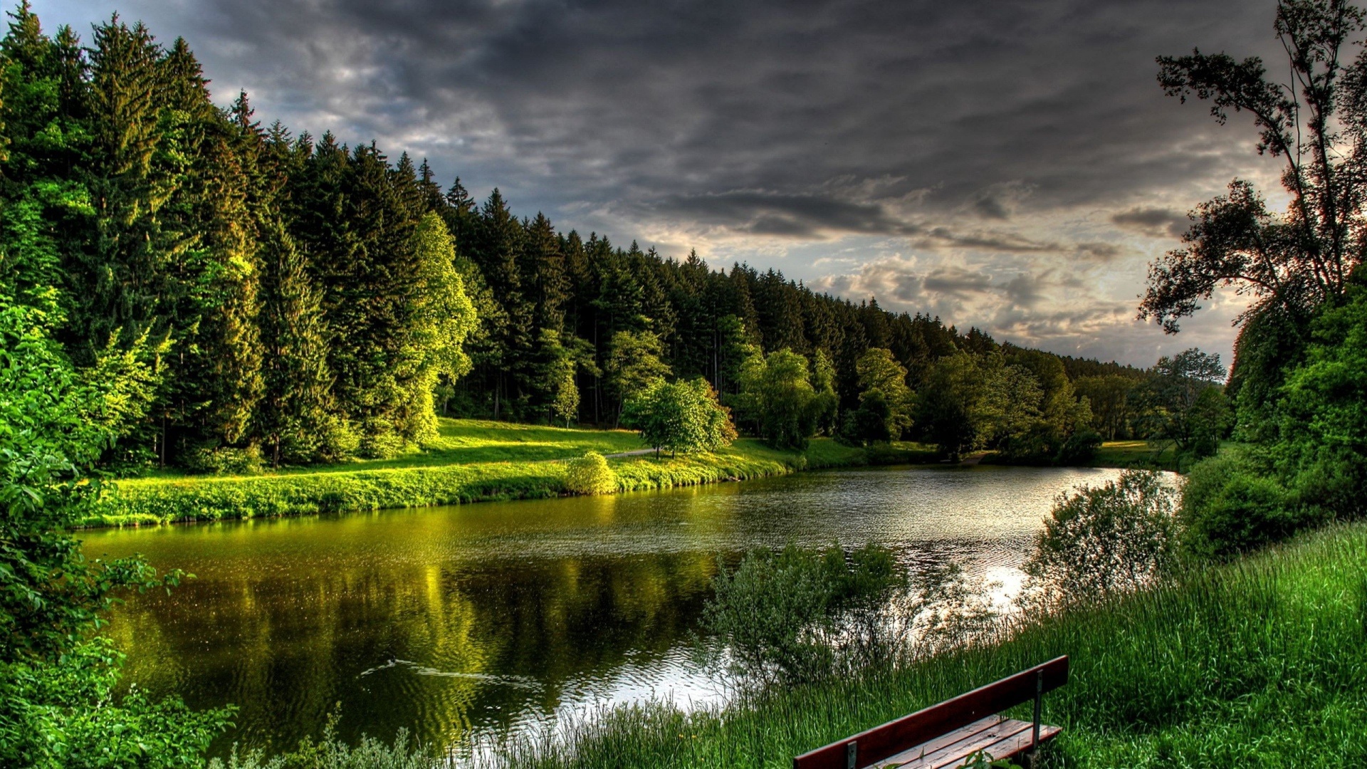 Download wallpaper 1920x1080 river, summer, bench, trees HD background
