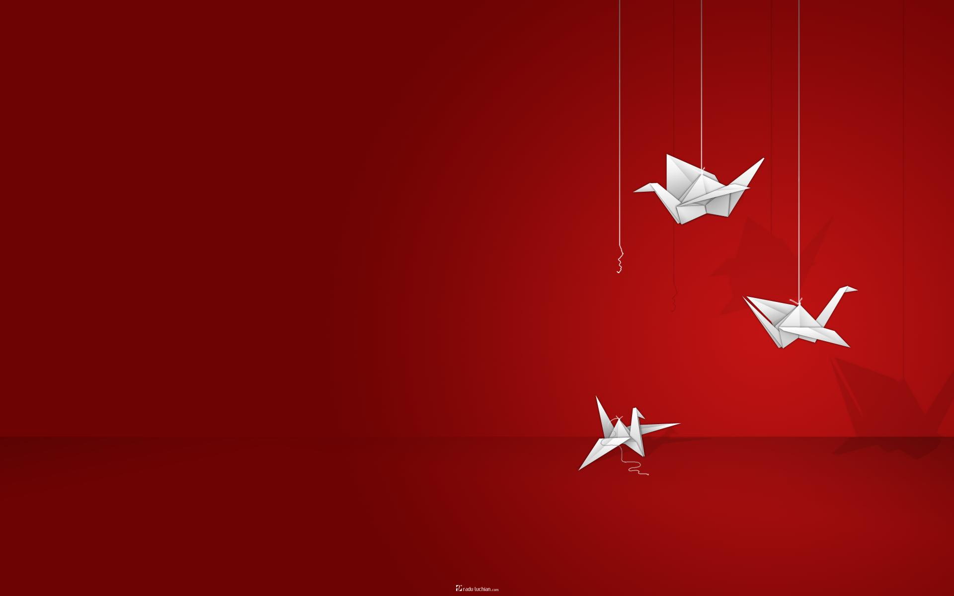 Three white bird origamis digital wallpaper, origami, cranes bird
