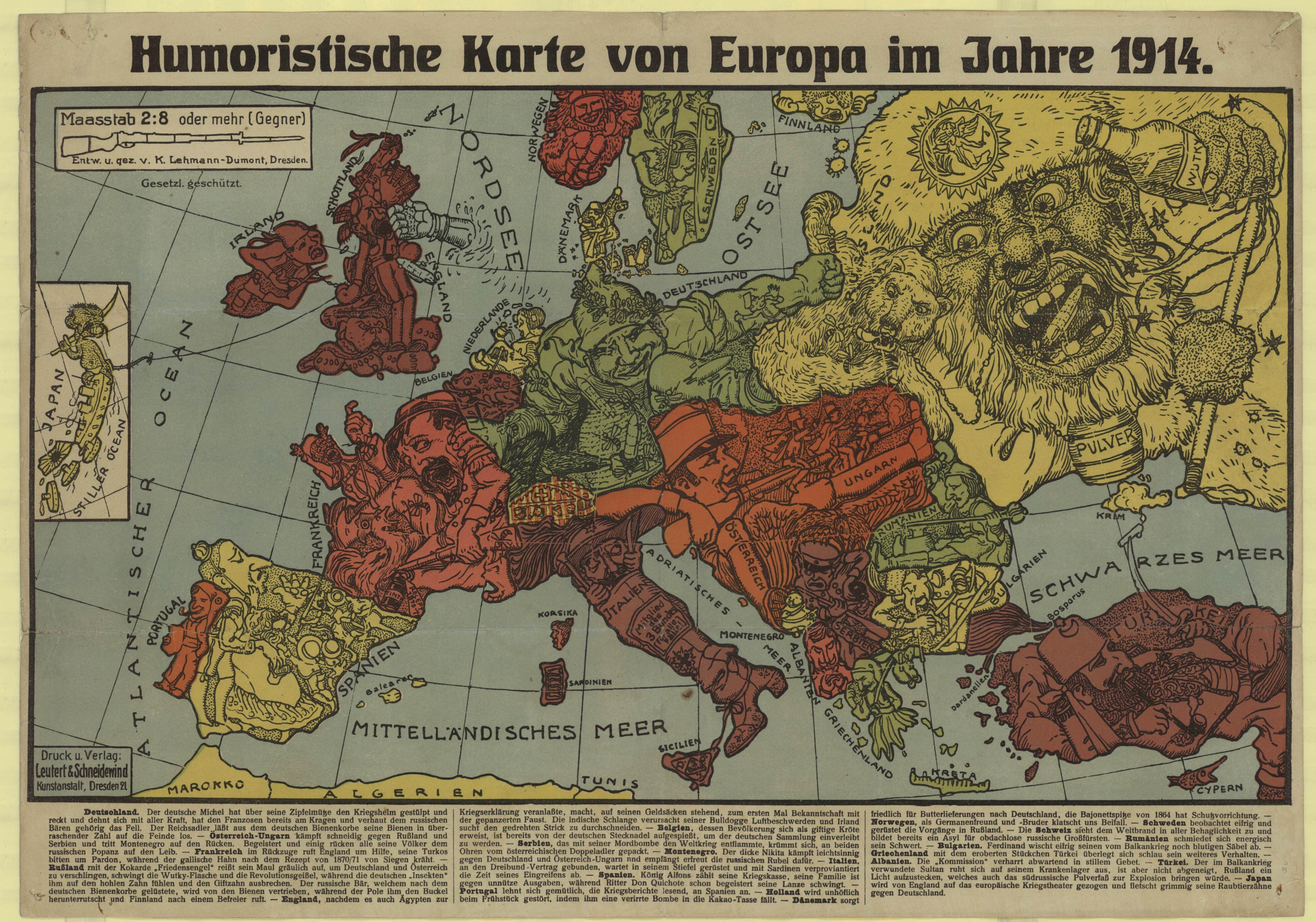 German caricature map of Europe on the brink of World War 1